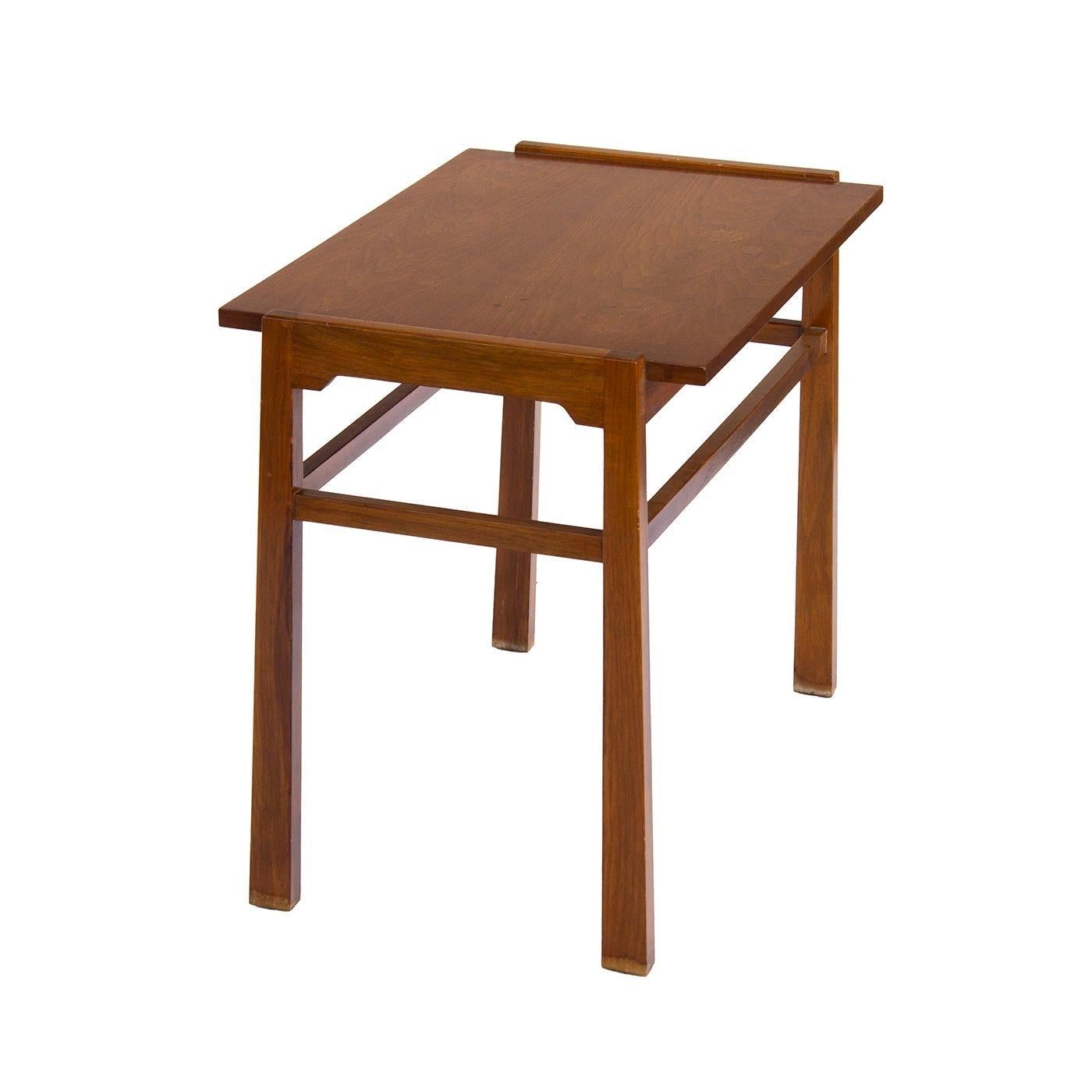 USA, 1960s
Midcentury Side Table in Walnut, attributed to Dunbar- no labels. Purchased with a similar signed coffee table. Interesting detail to this piece and a more unusual shape. Legs vary in width and tray side design.
CONDITION NOTES: In good