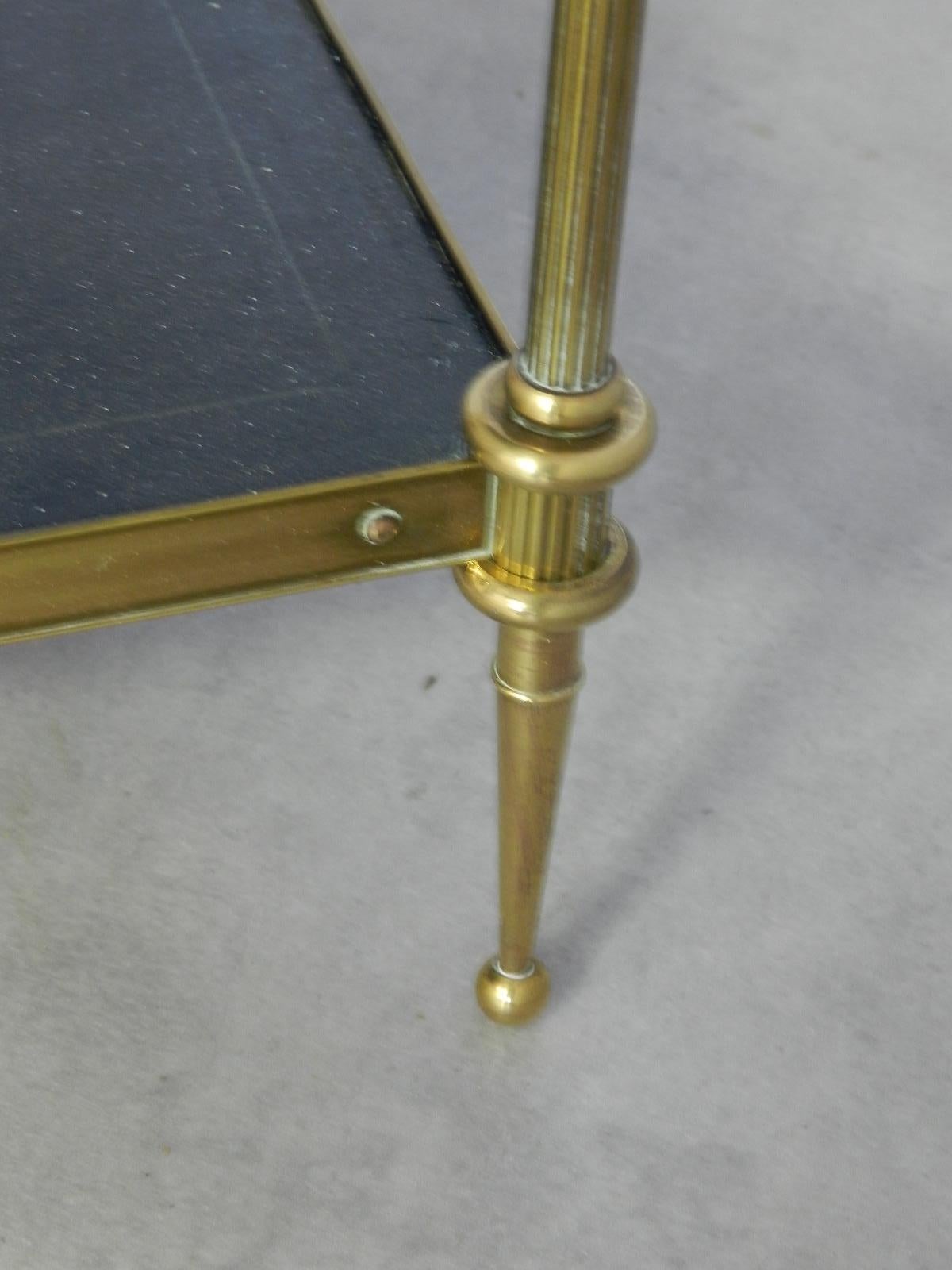 French Midcentury Side Table Maison Baguès Style Two-Tier Leather Tops Gilt Brass