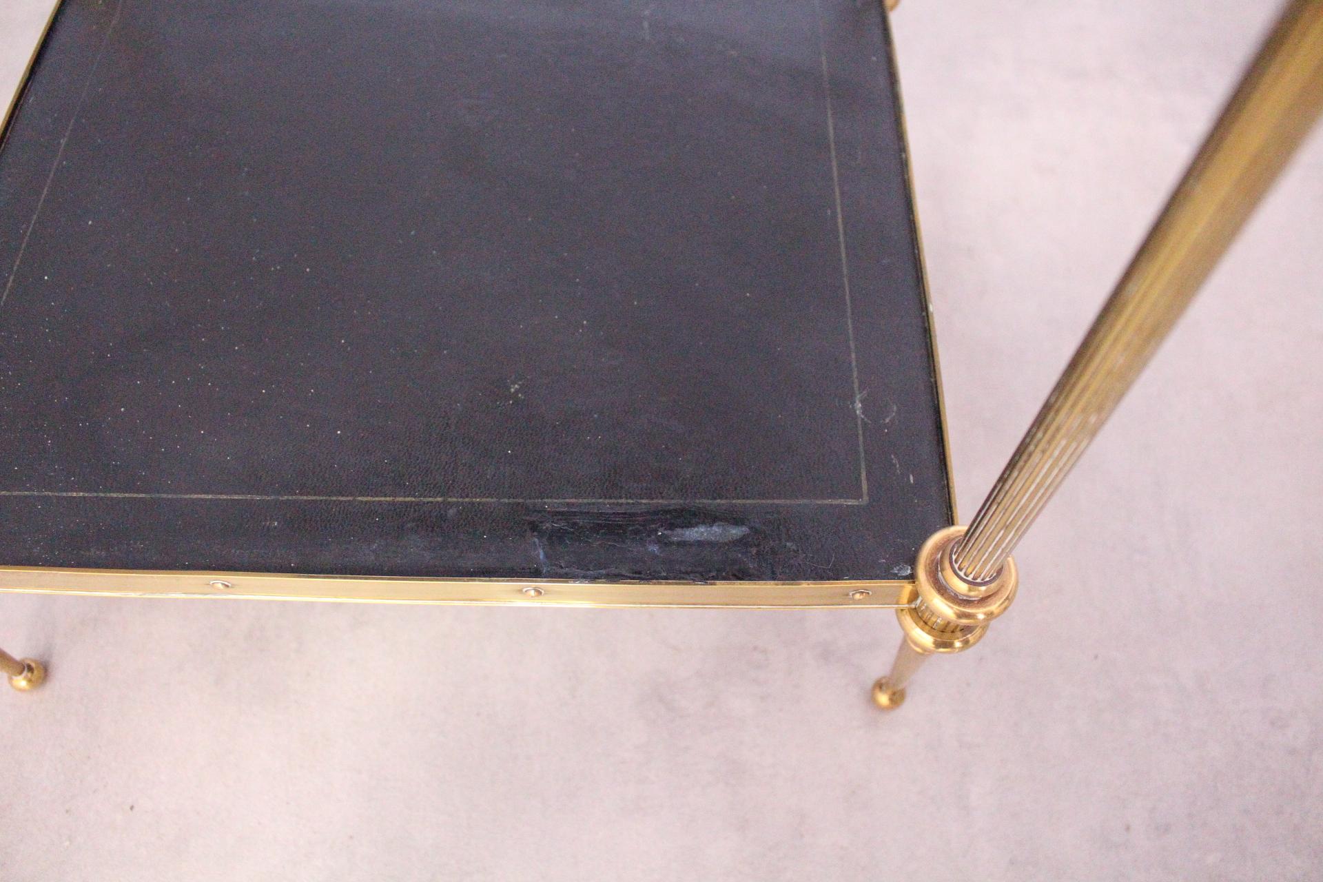 20th Century Midcentury Side Table Maison Baguès Style Two-Tier Leather Tops Gilt Brass