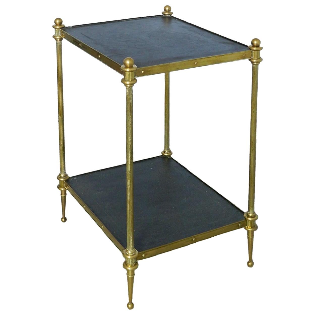 Midcentury Side Table Maison Baguès Style Two-Tier Leather Tops Gilt Brass