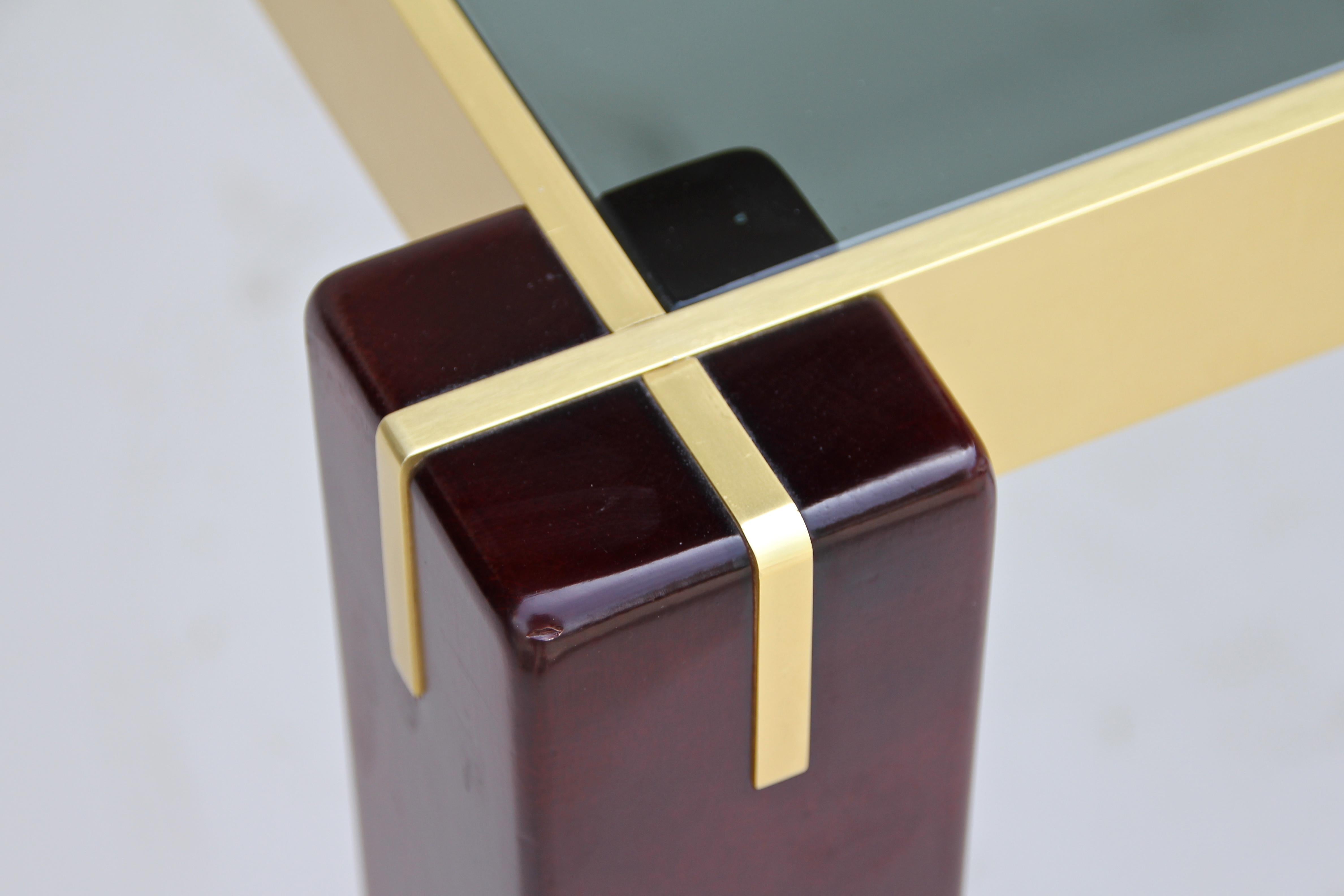 Lacquered Midcentury Side Table with Brass Bars and Smoked Glass, Italy, circa 1960 For Sale