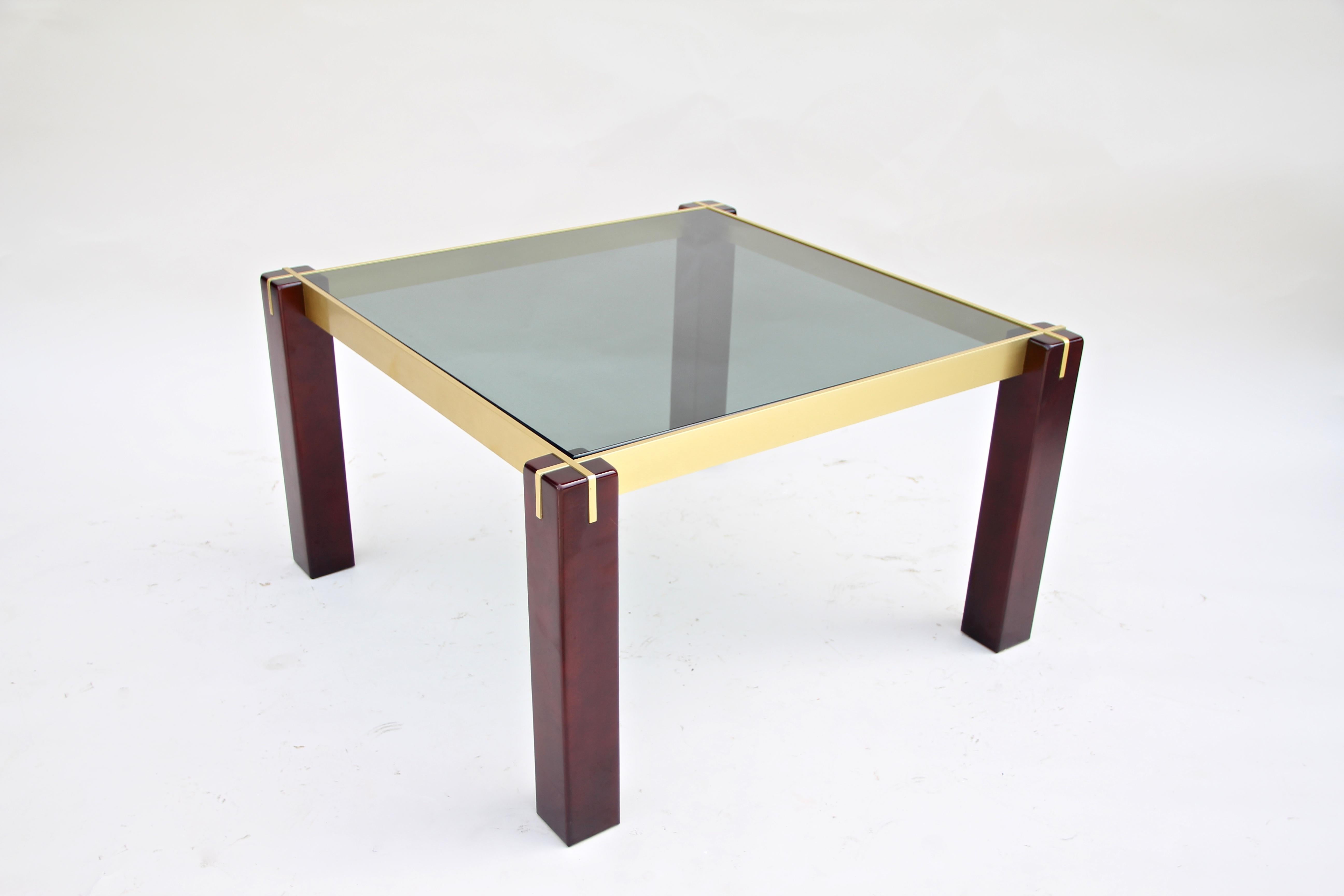 Beech Midcentury Side Table with Brass Bars and Smoked Glass, Italy, circa 1960 For Sale
