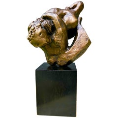 Midcentury Signed Bronze Man Wrestling Lion