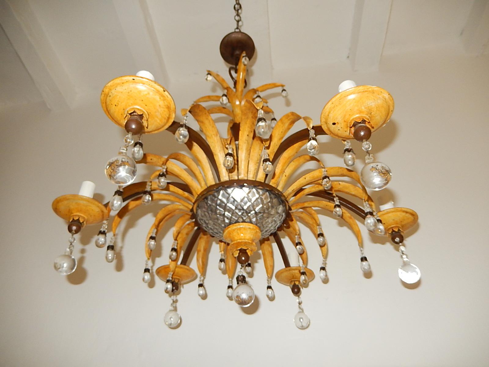 Housing six lights.  Will be newly rewired with certified US UL sockets for the Usa and appropriate sockets for all other countries and ready to hang. Original yellow paint with brown detailing. Adorning crystal center, crystal drops with a silvered