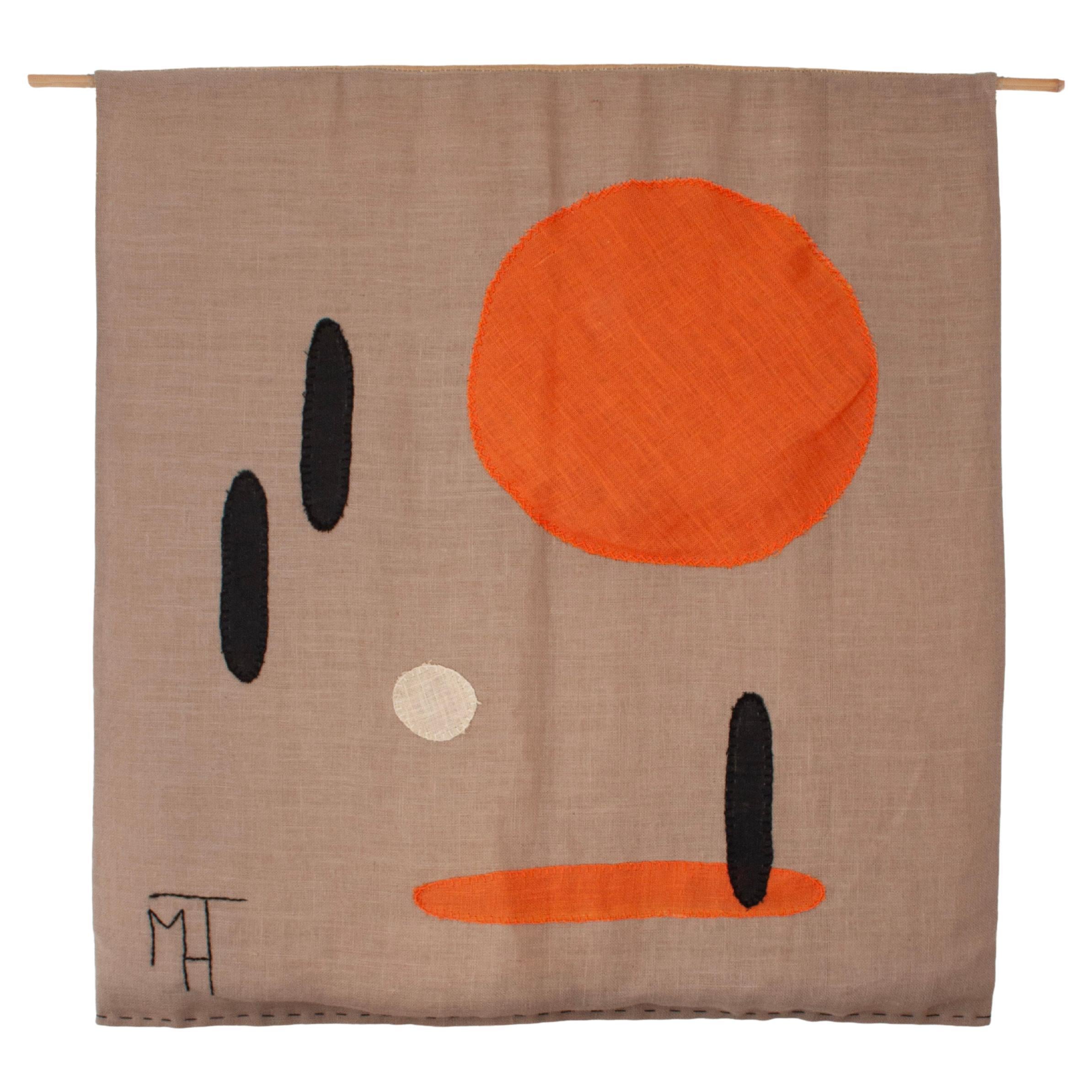 Midcentury Signed Französisch Minimal Wandbehang Colorfull Stiched Graphical Geformt