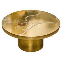 Midcentury Signed Lova Creation Gold Tone Brass and Agate Inlay Cocktail Table