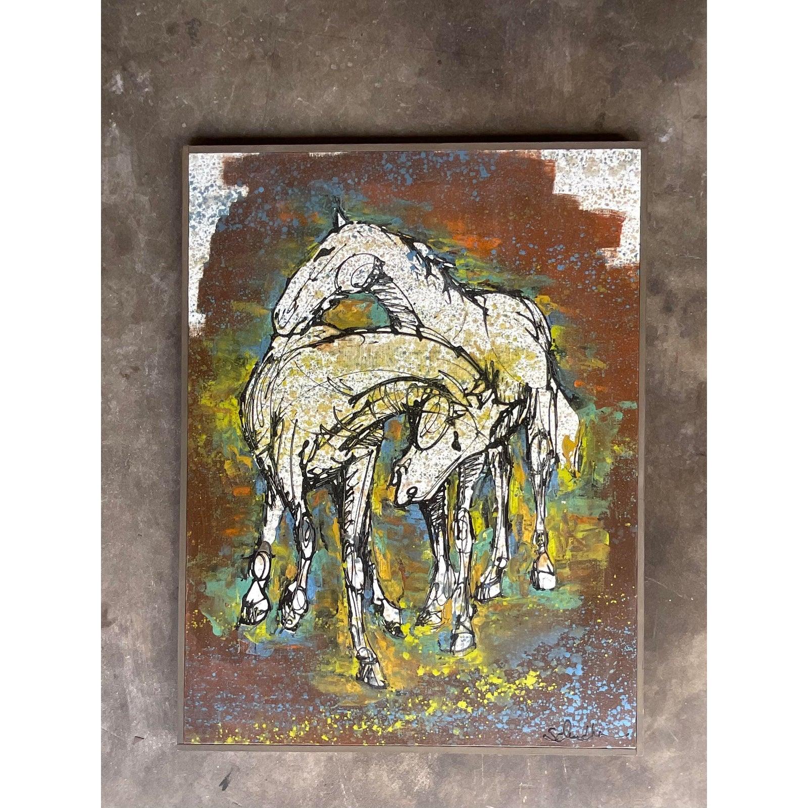 20th Century Midcentury Signed Original Oil Painting of Running Horses For Sale