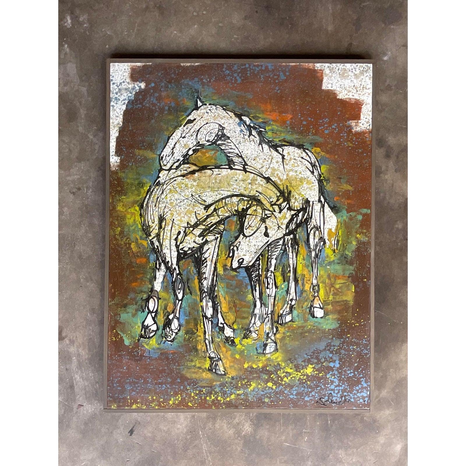 Midcentury Signed Original Oil Painting of Running Horses 3