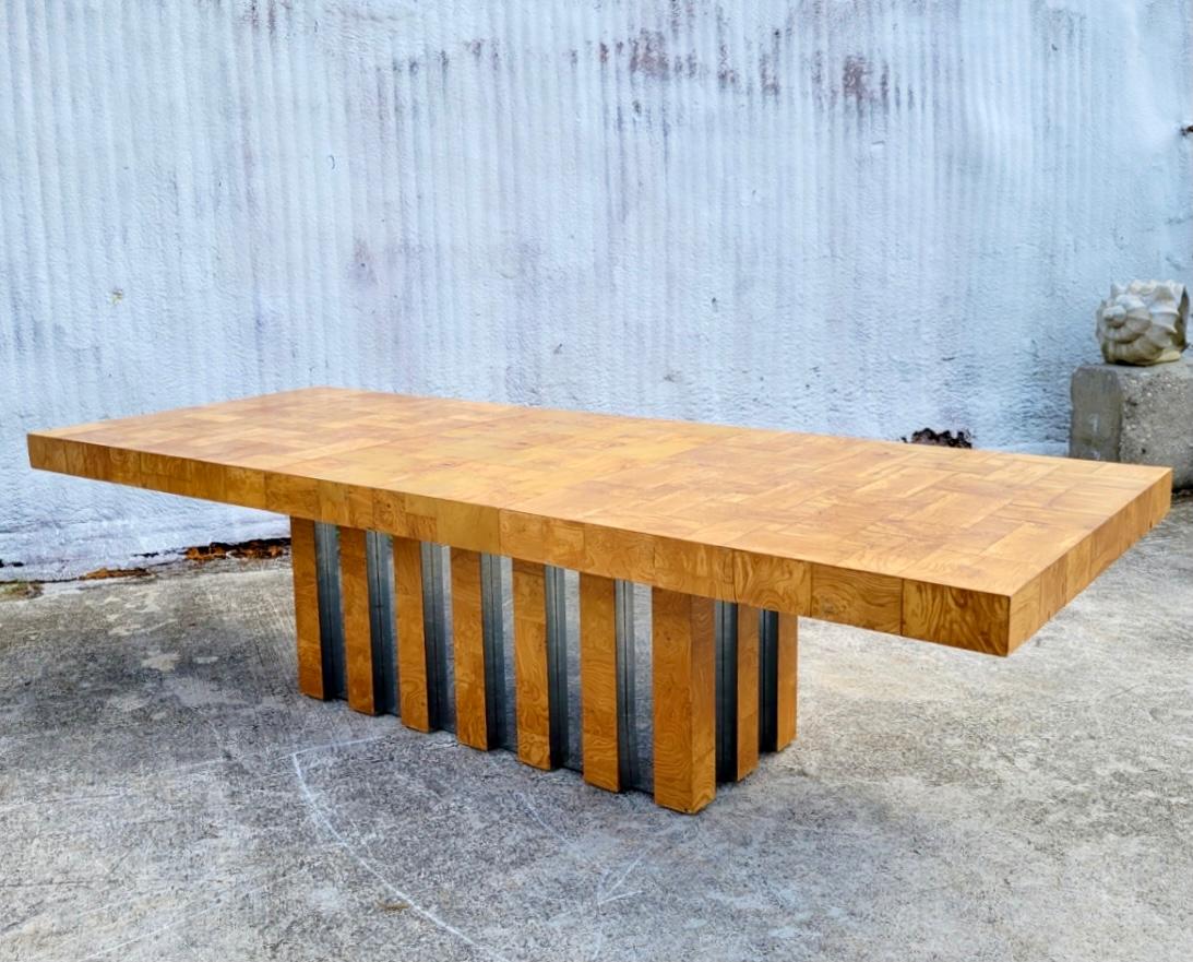 Incredible vintage MCM Paul Evans dining table. Stunning patchwork Burl Wood top with a burl wood and chrome pedestal. Signed on the base. An important piece. Acquired from a Palm Beach estate.