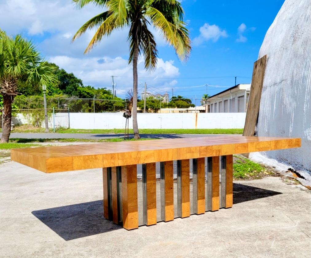 Midcentury Signed Paul Evans Patchwork Burl Wood and Chrome Dining Table  In Good Condition In west palm beach, FL