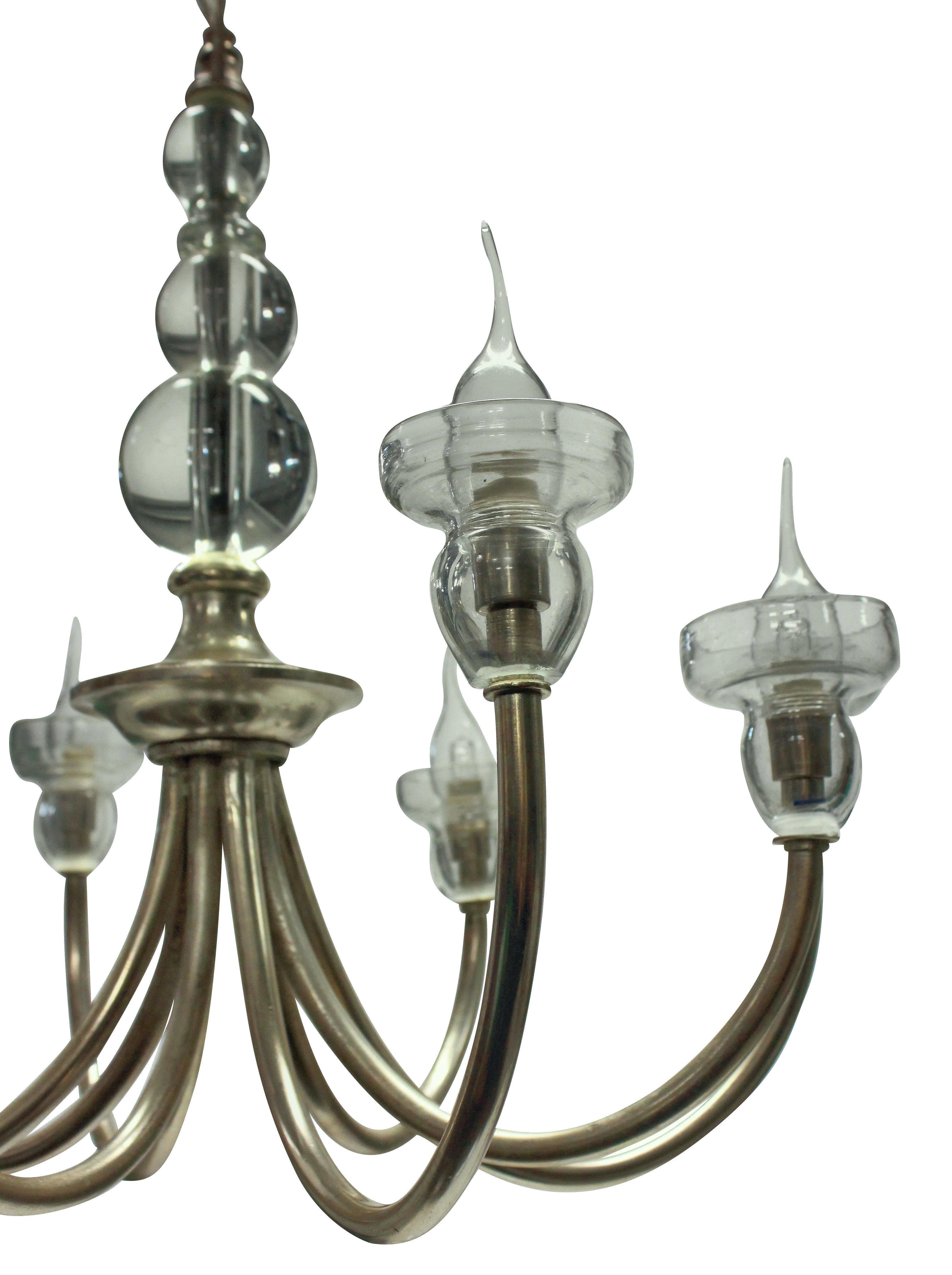 Mid-Century Modern Midcentury Silver & Glass Chandelier For Sale