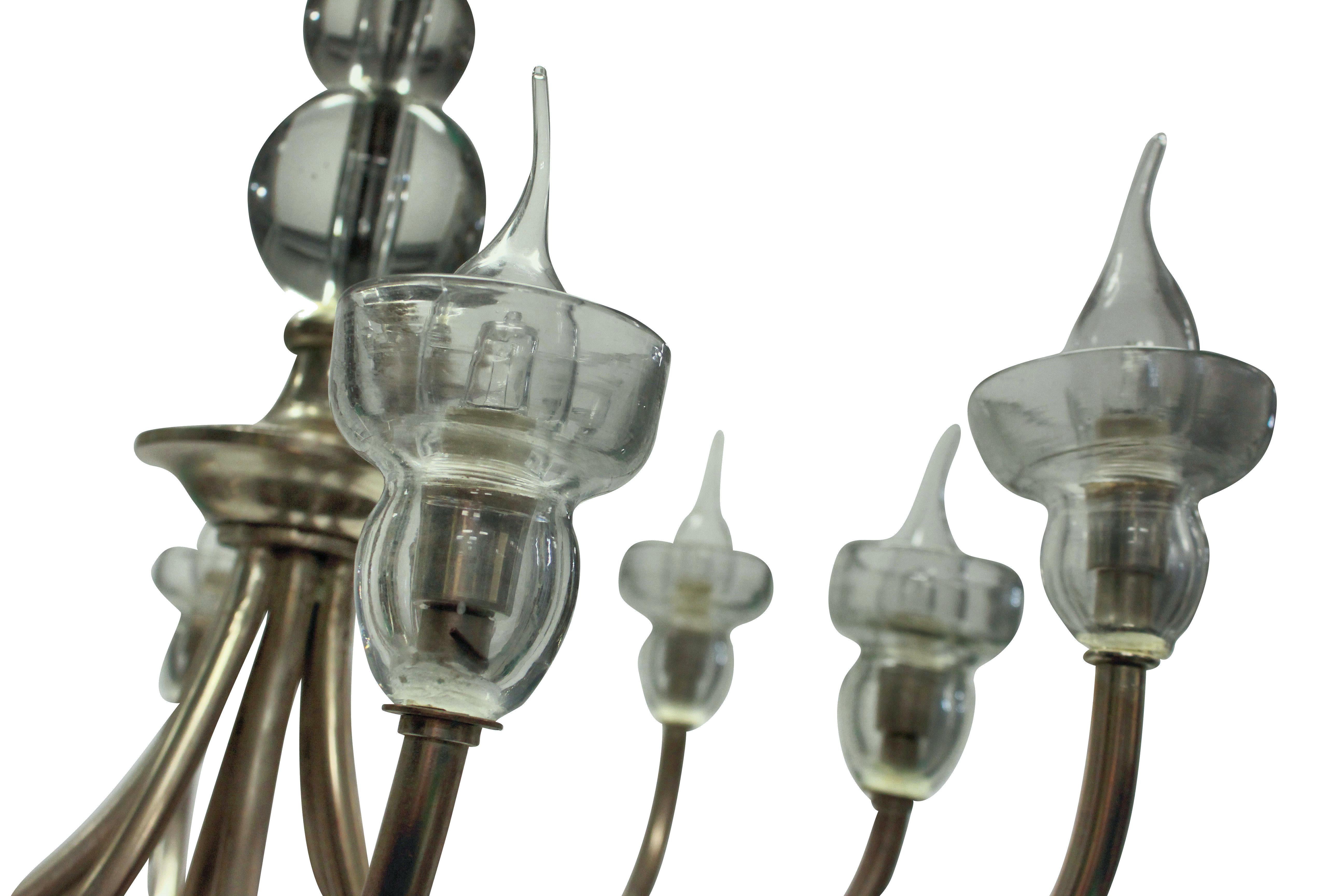 French Midcentury Silver & Glass Chandelier For Sale