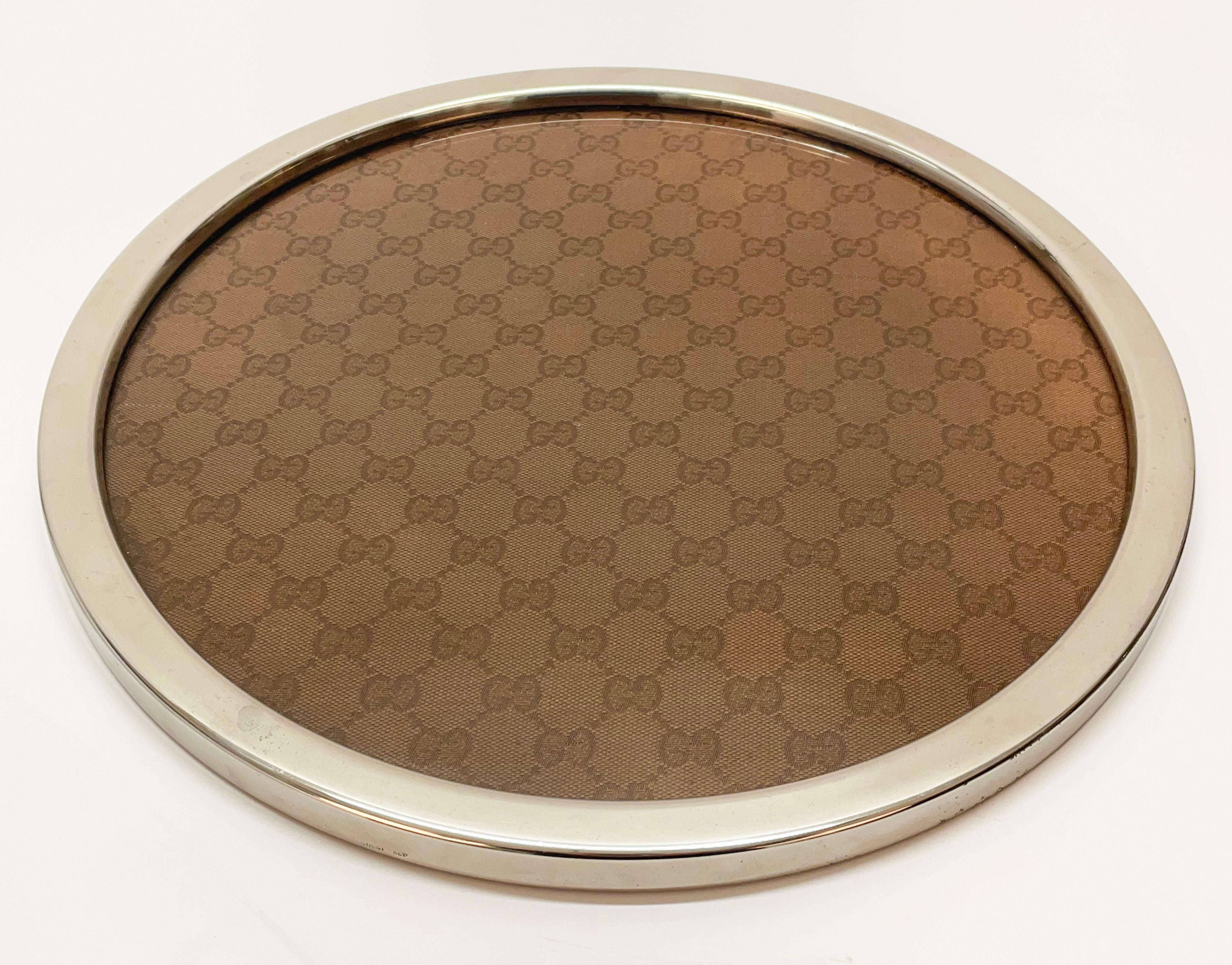 Mid-20th Century Midcentury Silvered Metal, Brown Fabric and Lucite Gucci Italian Tray, 1969