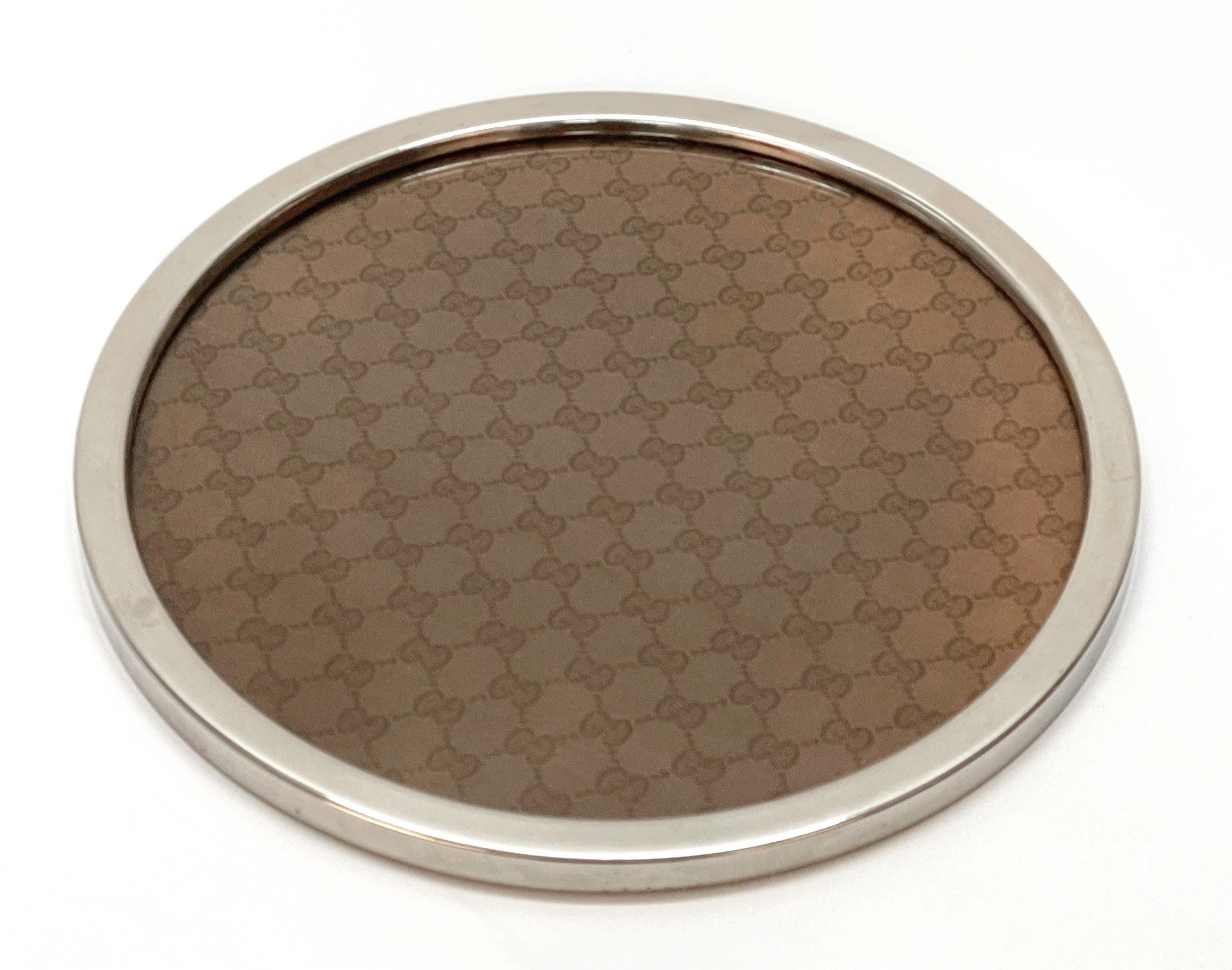 Midcentury Silvered Metal, Brown Fabric and Lucite Gucci Italian Tray, 1969 1