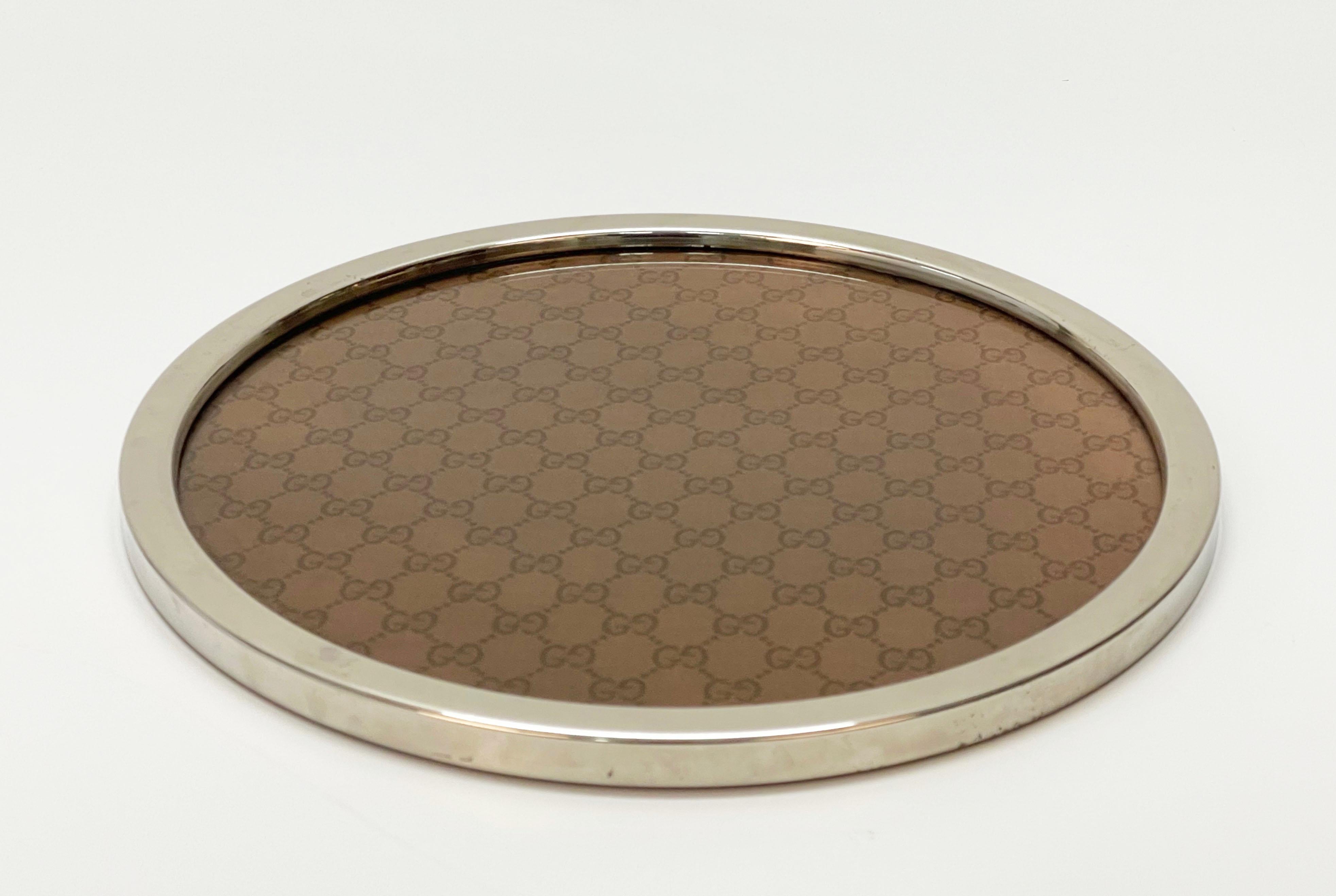 Midcentury Silvered Metal, Brown Fabric and Lucite Gucci Italian Tray, 1969 2