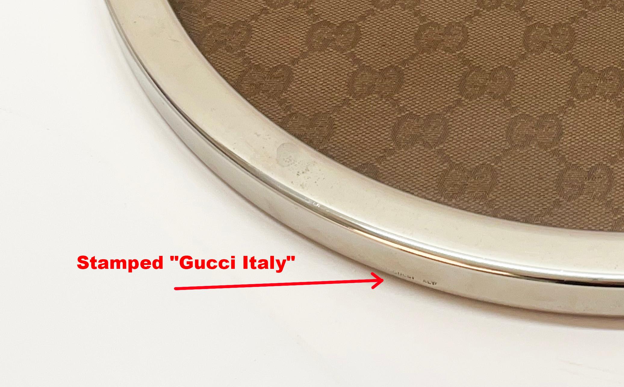 Midcentury Silvered Metal, Brown Fabric and Lucite Gucci Italian Tray, 1969 3