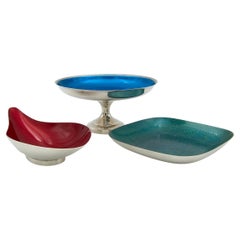 Midcentury Silverplate Dish Collection with Jewel Tone Color Glazes