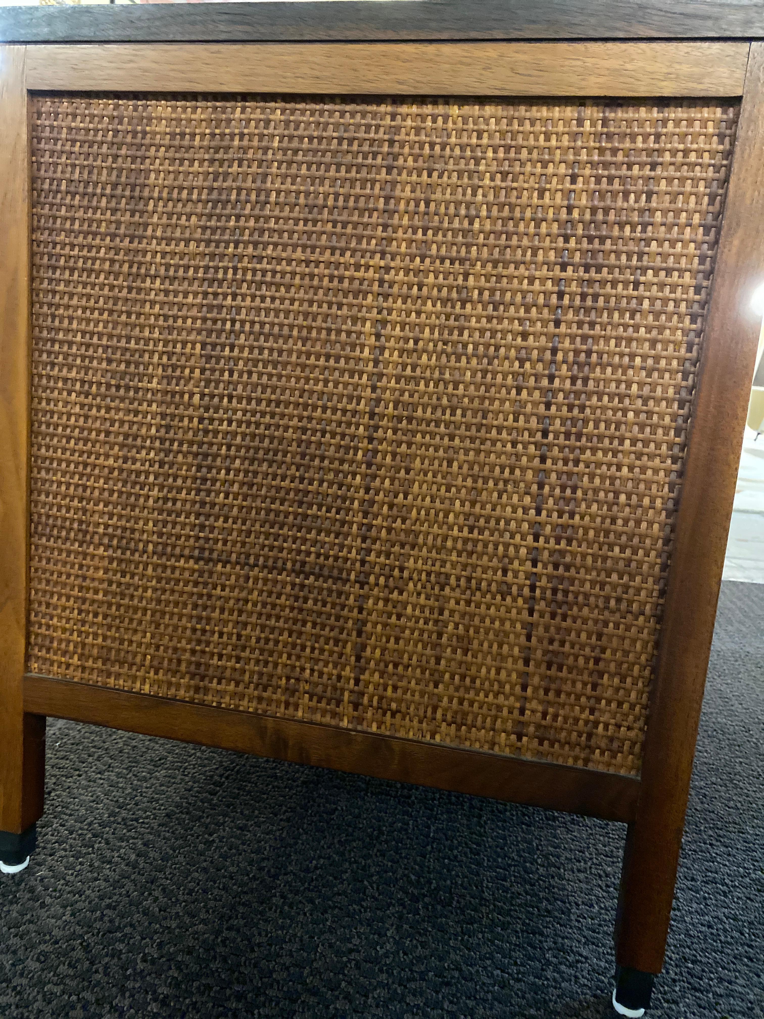 Mid-Century Modern Midcentury Single Drawer Walnut and Wicker Nightstand