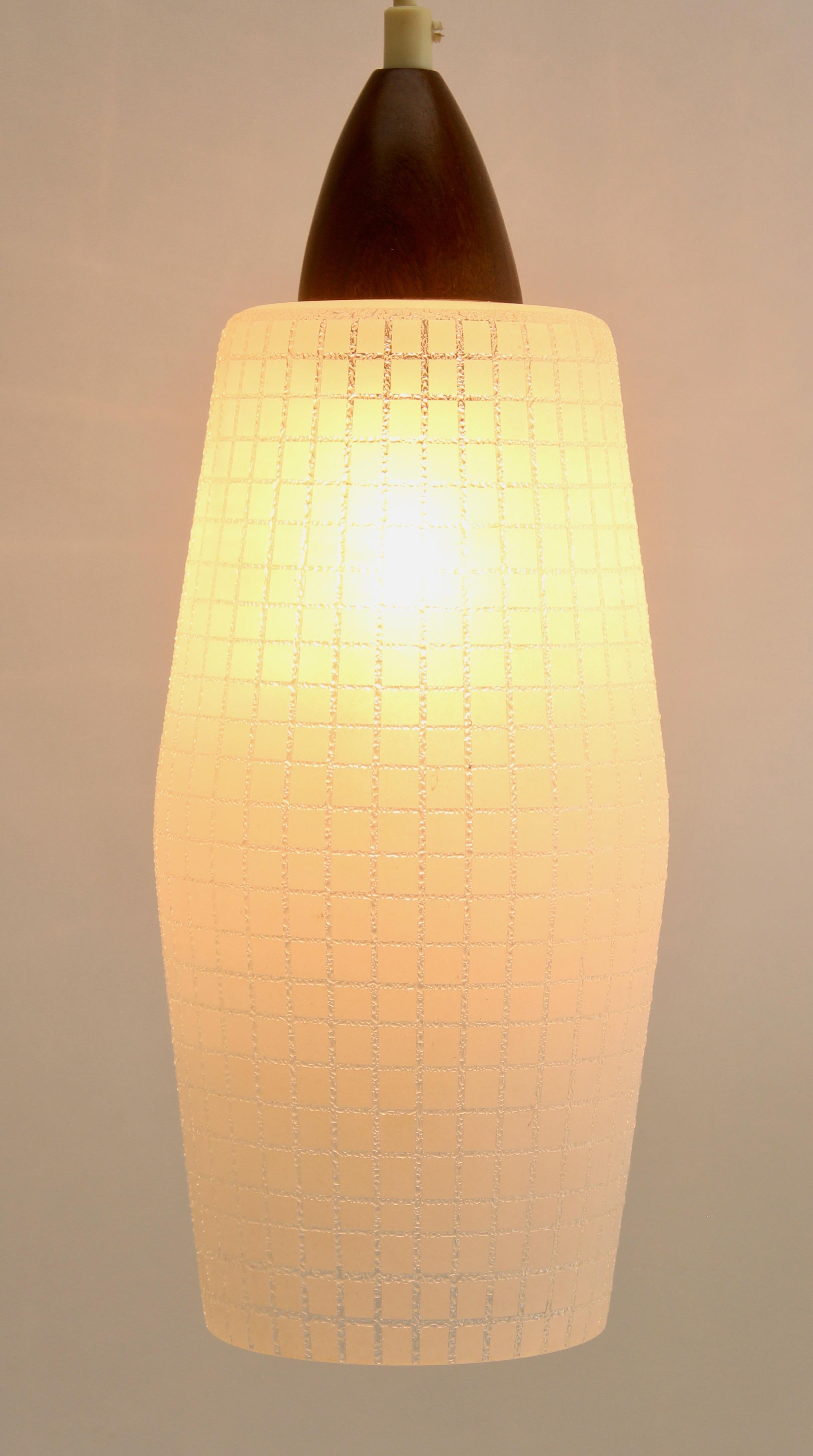 Hand-Crafted Midcentury Single Pendant Light, Teak with Frosted Optical Shade For Sale