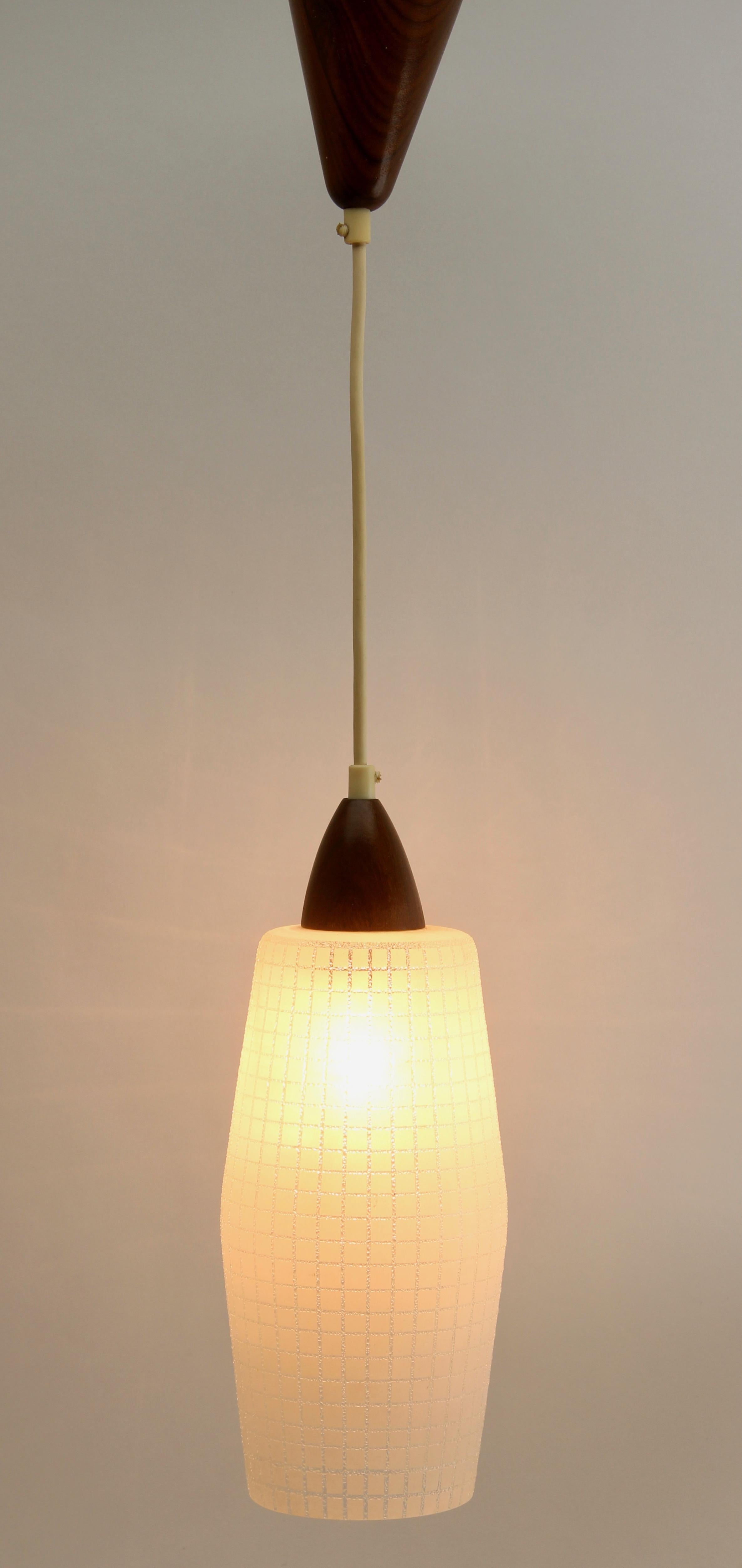 Glass Midcentury Single Pendant Light, Teak with Frosted Optical Shade For Sale