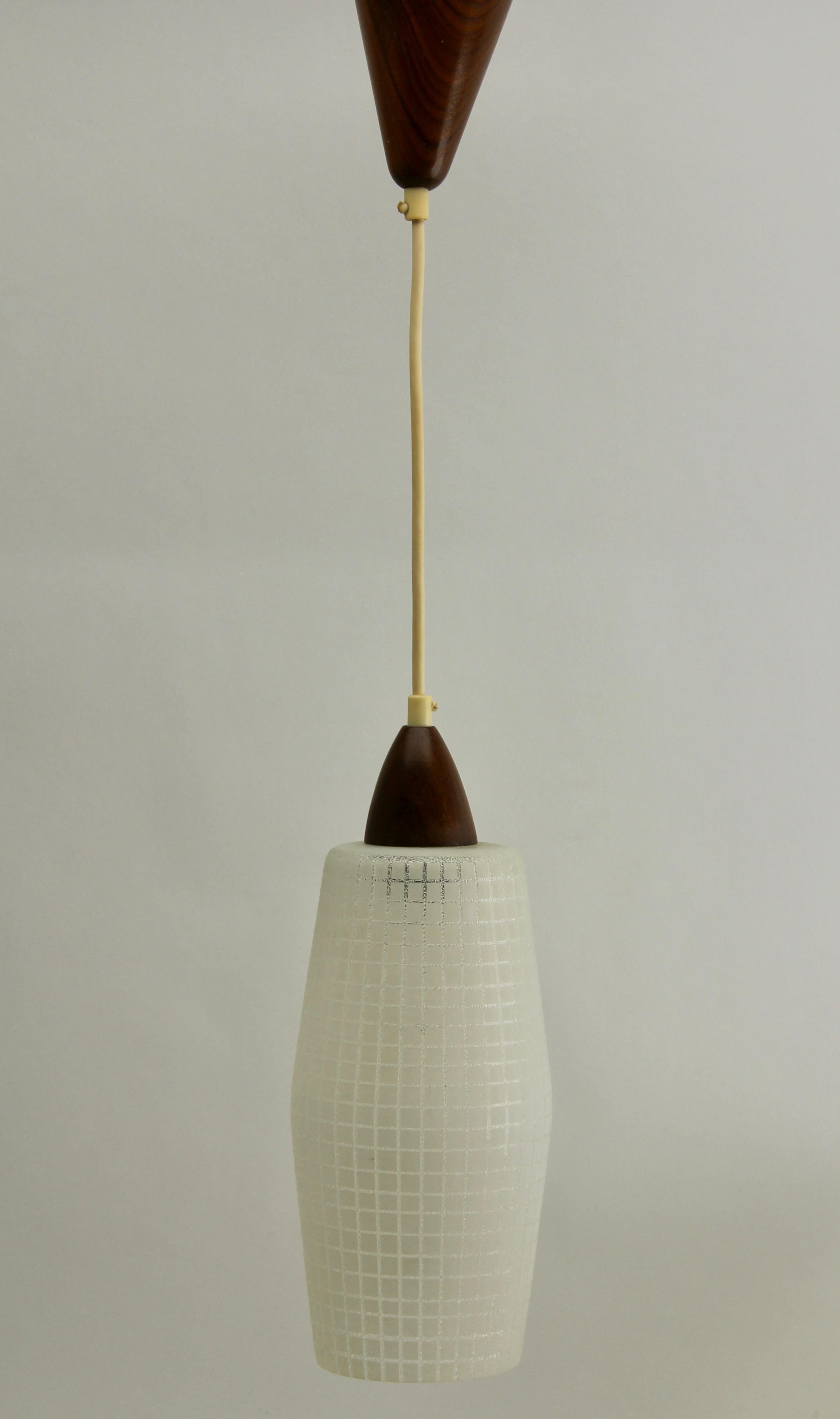 Midcentury Single Pendant Light, Teak with Frosted Optical Shade For Sale 1