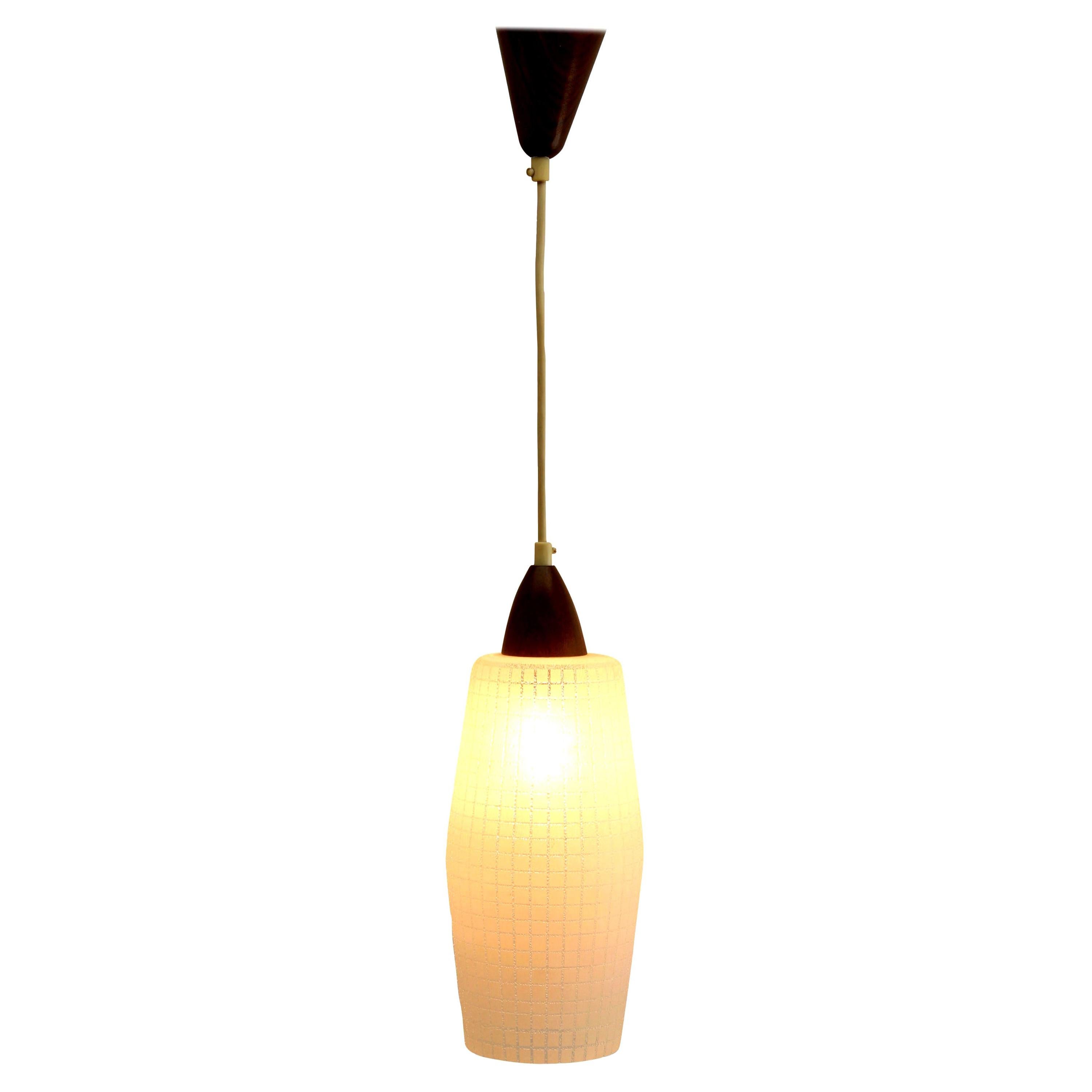 Midcentury Single Pendant Light, Teak with Frosted Optical Shade