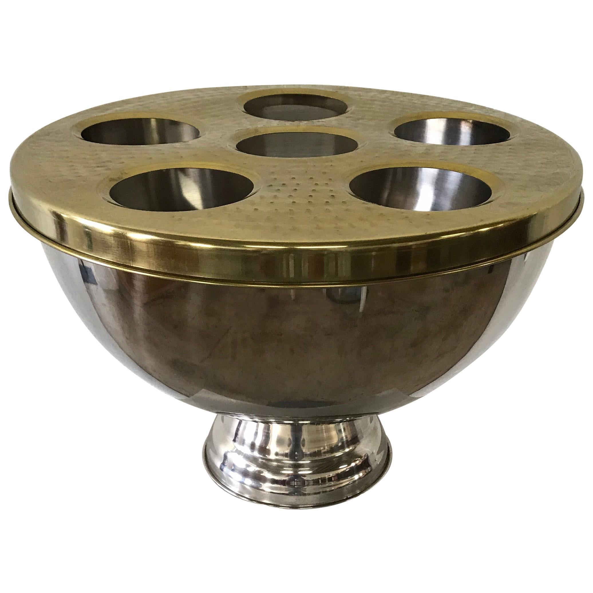 Midcentury Six Bottle Gold and Steel Champagne or Wine Cooler Chiller Bucket