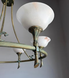Midcentury Six-Light Alabaster and Patinated Brass Ring Chandelier, circa 1970s
