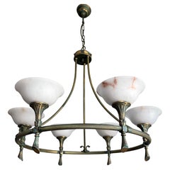 Midcentury Six-Light Alabaster and Patinated Brass Ring Chandelier, circa 1970s