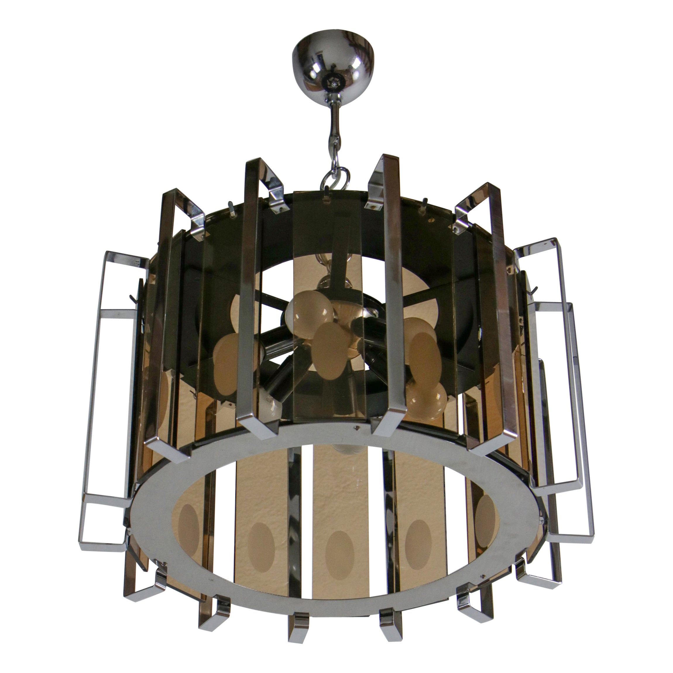 This elegant Italian chandelier, designed by Gino Vistosi in the late 1960s, boasts a sophisticated combination of chrome-plated and black lacquered steel. The piece features 14 smoked glass shades with sandblasted ovals, and is illuminated by six