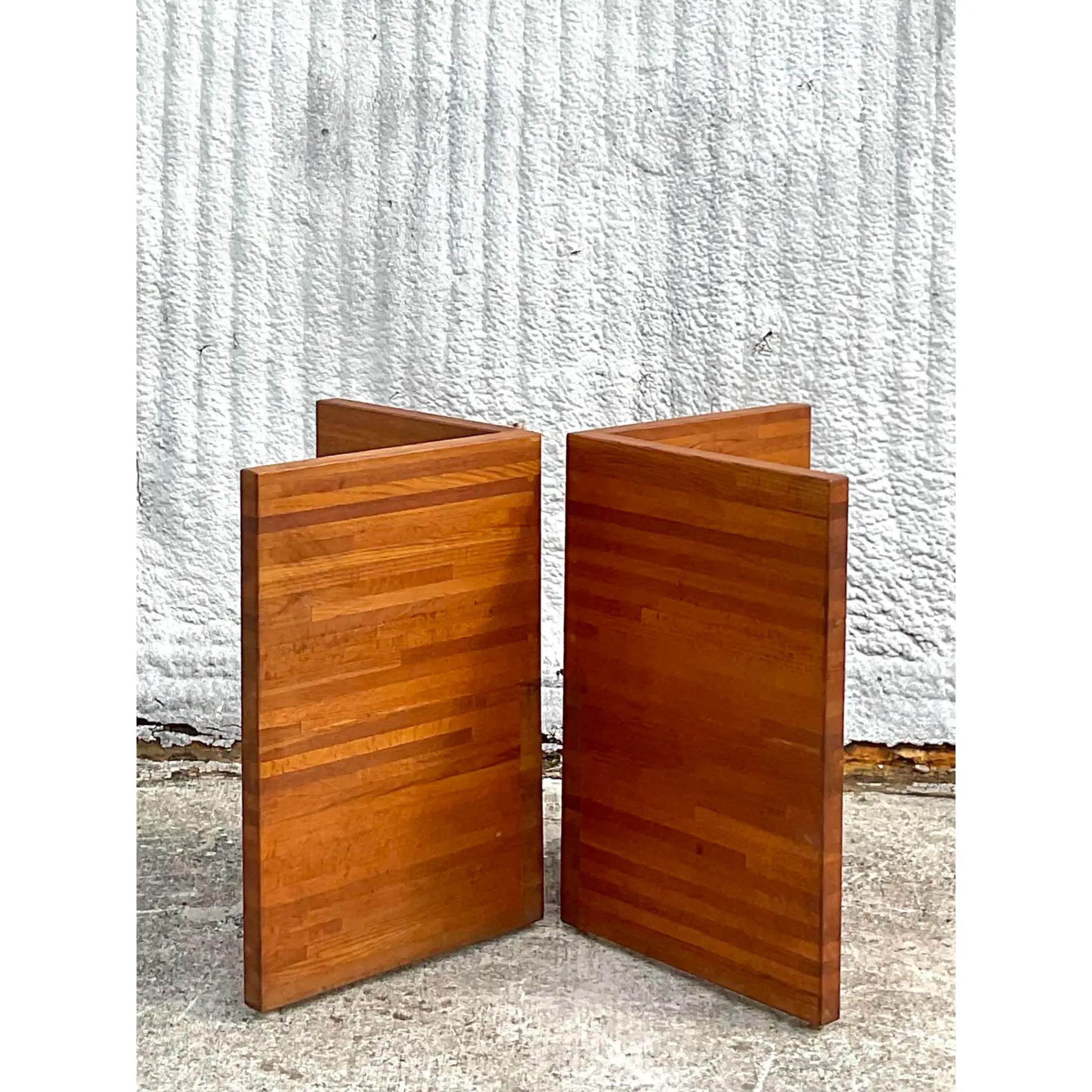 Fantastic vintage Butcher Block Slab dining table pedestals. a clean and chic L shaped pair that dative any room a boho look. Perfect as a dining table or even used for a desk. Acquired from a Palm Beach estate