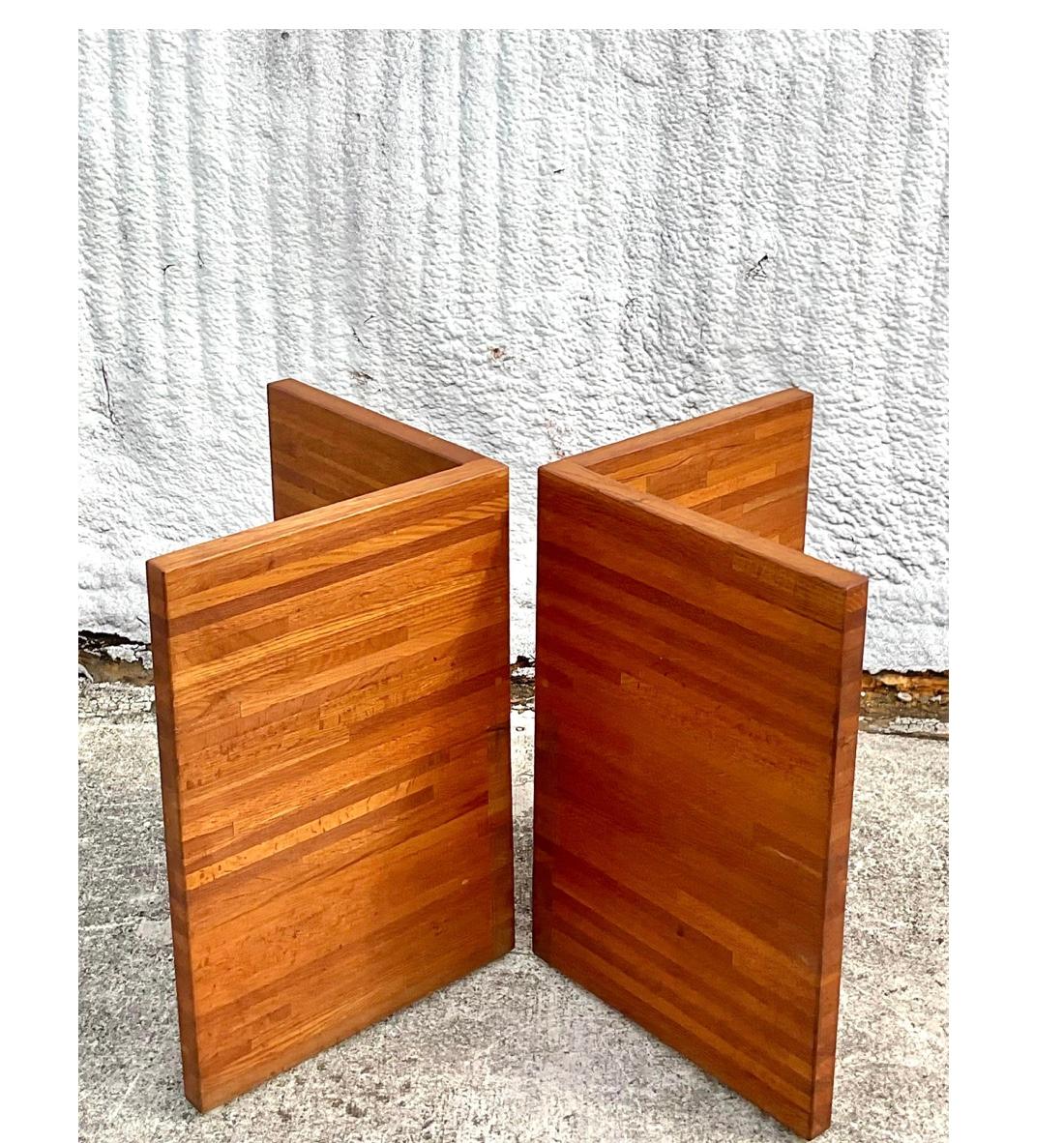20th Century Midcentury Slab Butcher Block L Shaped Dining Table Pedestals - a Pair