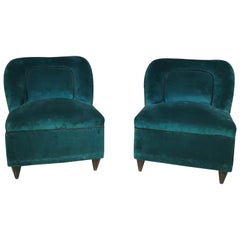 Midcentury Small Armchairs by Gio Ponti, in Wood and Smooth Velvet, 1950s