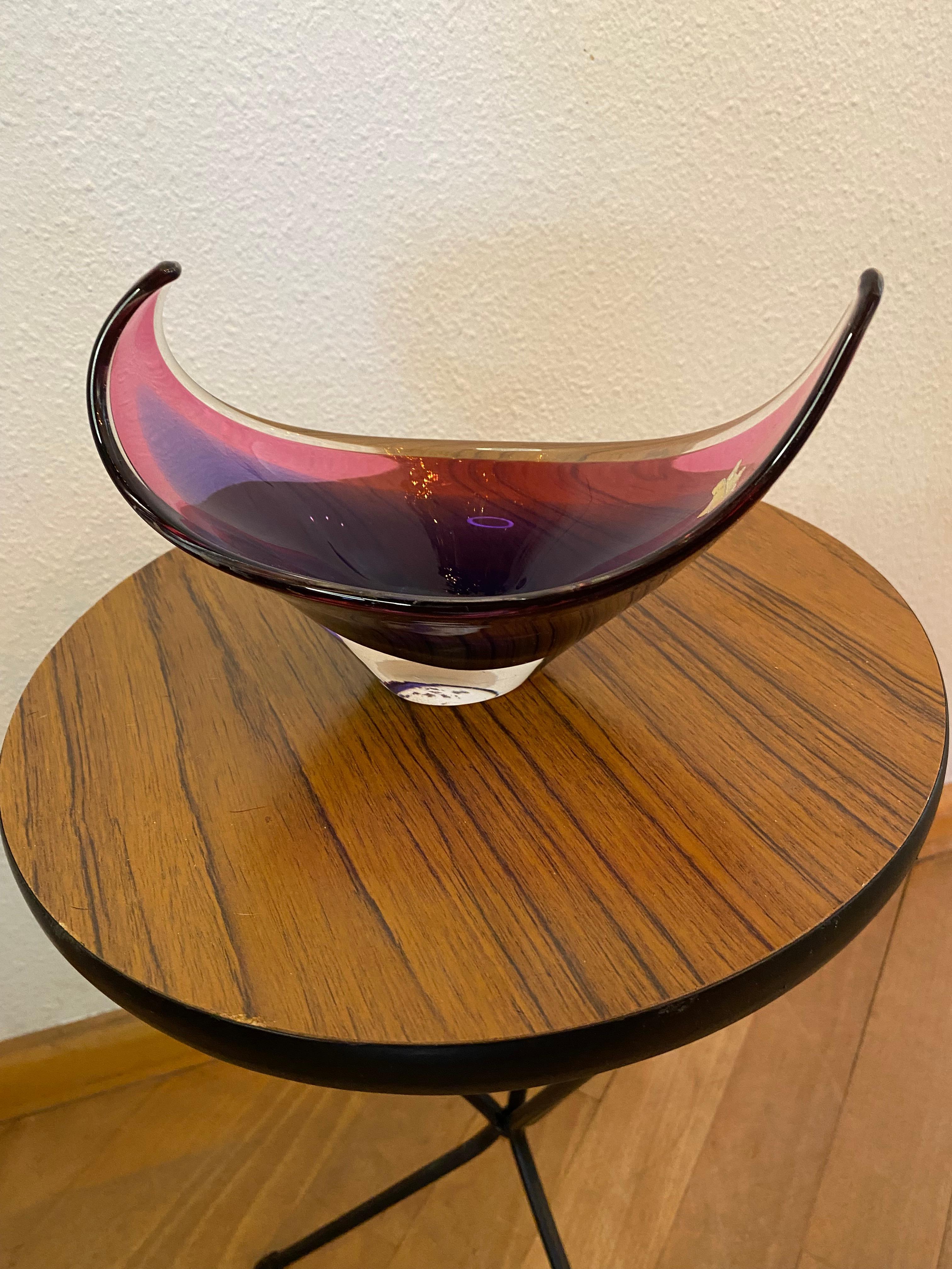 Stunning colored in two shades of purple small Murano glass bowl in a beautiful stylish shape.