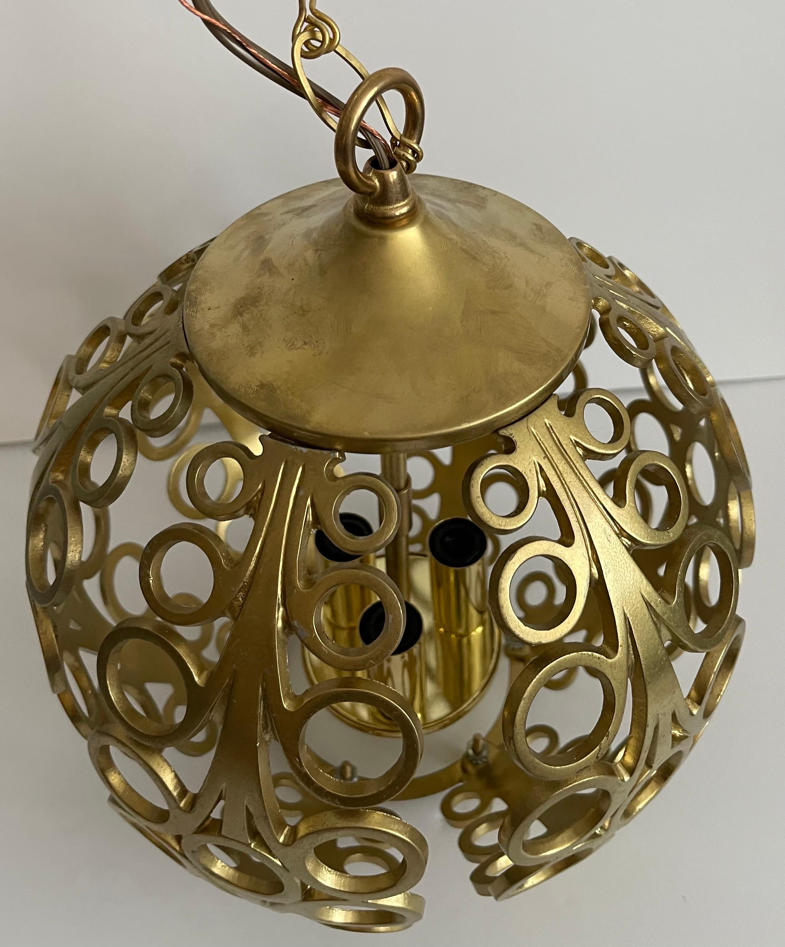 Mid-Century Modern Midcentury Small Pierced Gold Metal Geometric Pendant Light For Sale