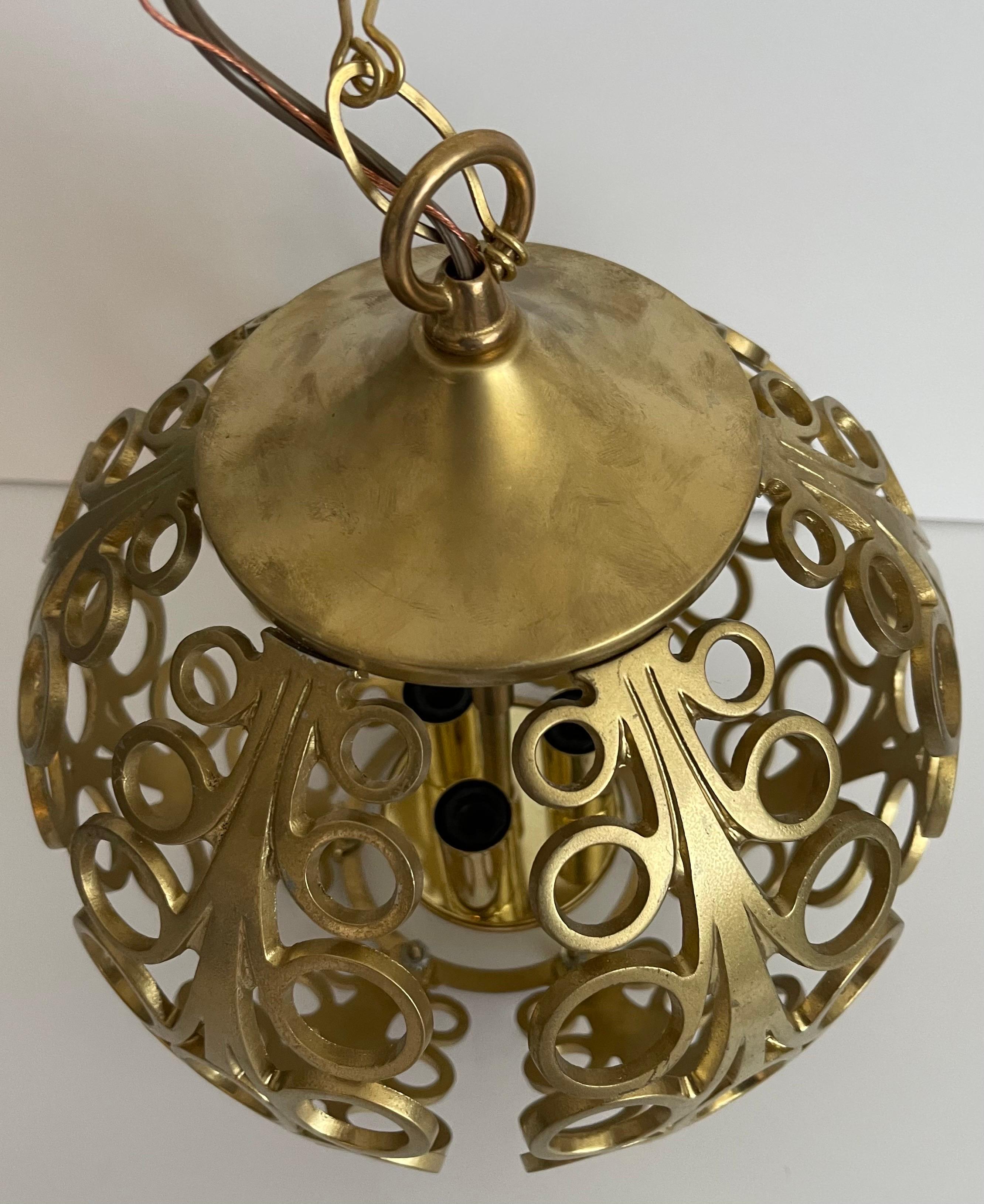 American Midcentury Small Pierced Gold Metal Geometric Pendant Light For Sale