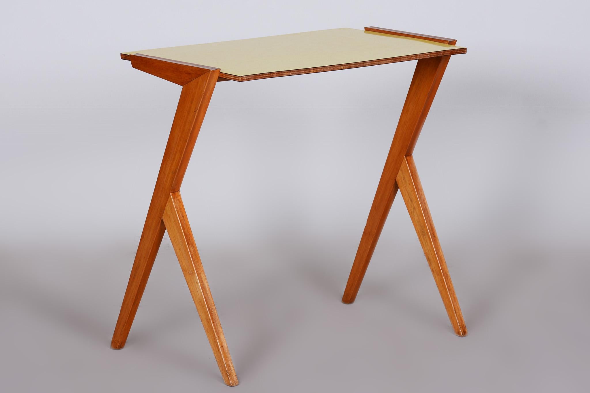 Wood Midcentury Small Yellow Table, Beech, Umakart, Restored, Czechia, 1950s For Sale