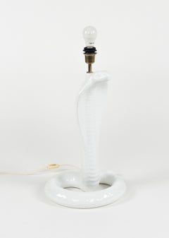 Midcentury Snake Table Lamp in White Ceramic by Tommaso Barbi, Italy 1970s