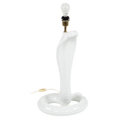 Midcentury Snake Table Lamp in White Ceramic by Tommaso Barbi, Italy 1970s