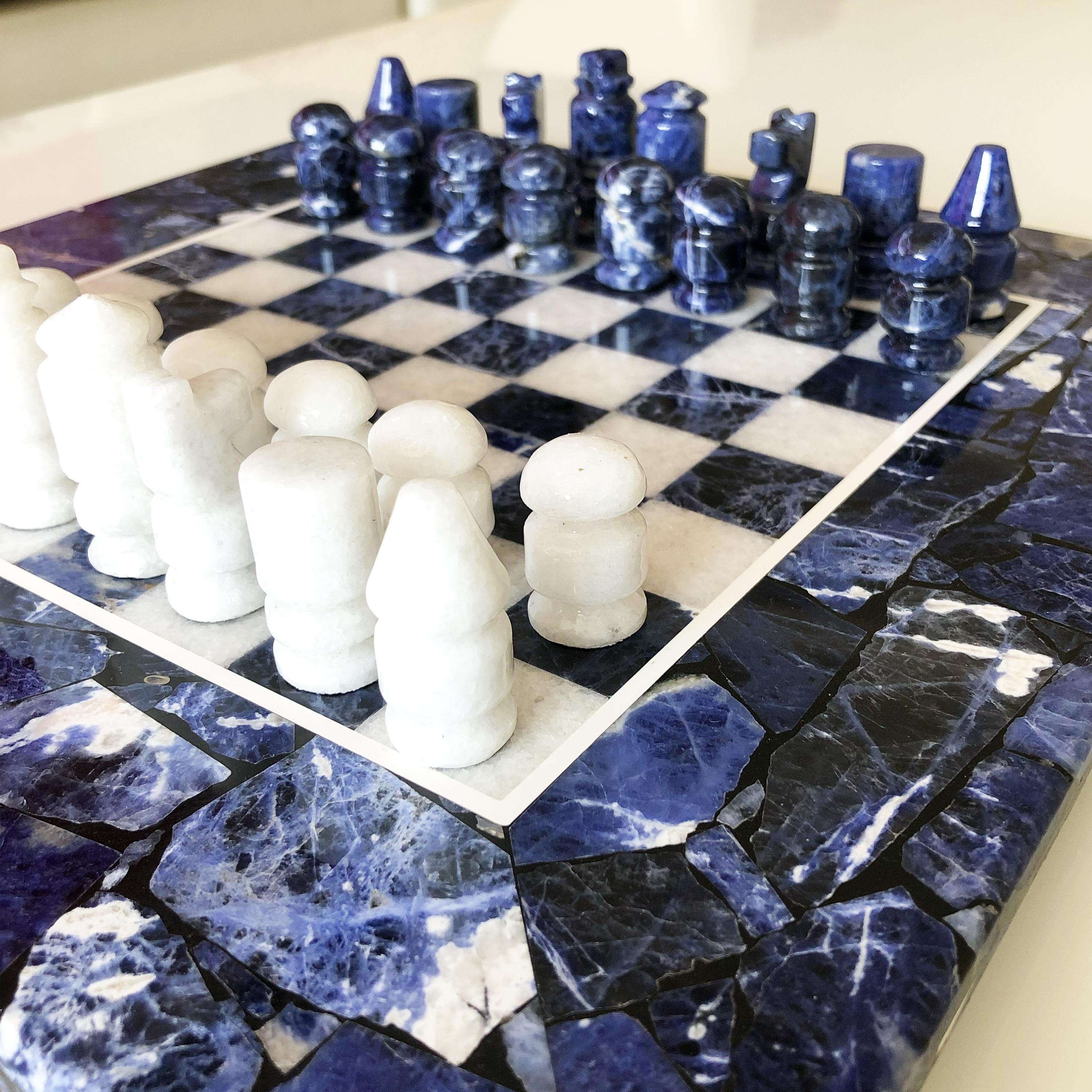 Contemporary Midcentury Sodalite and Marble Chess Set Game Board and Pieces