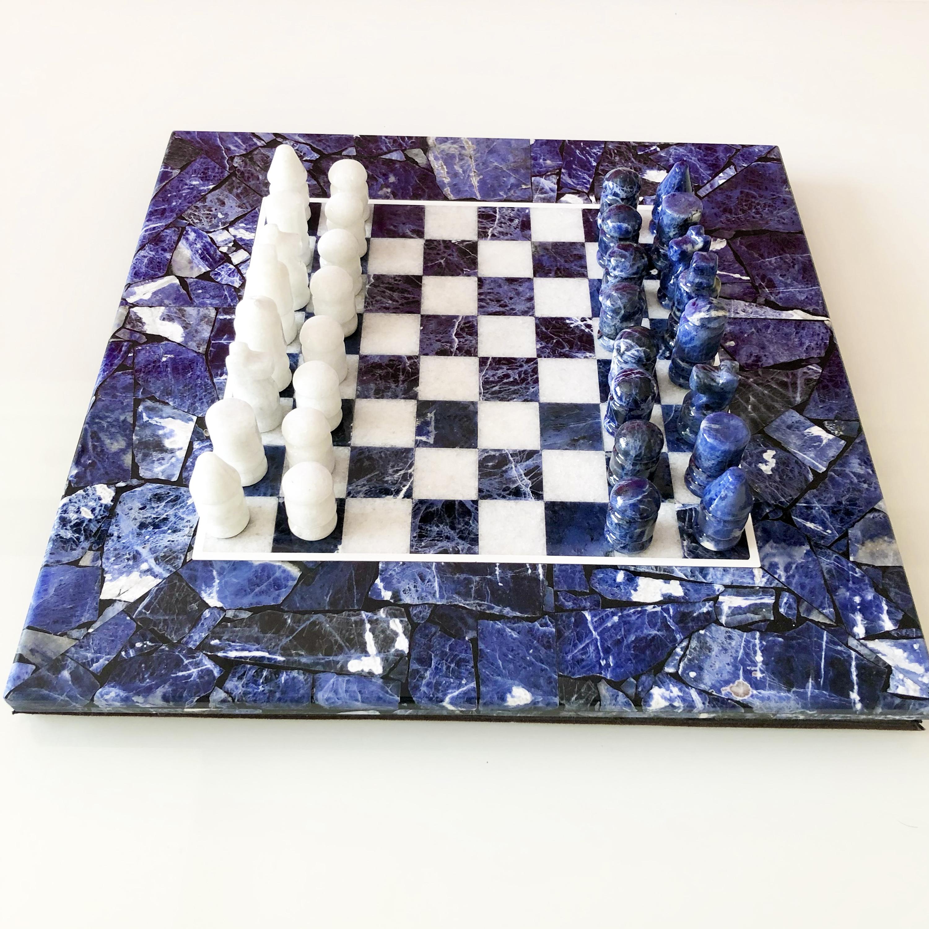 Women's or Men's Midcentury Sodalite and Marble Chess Set Game Board and Pieces
