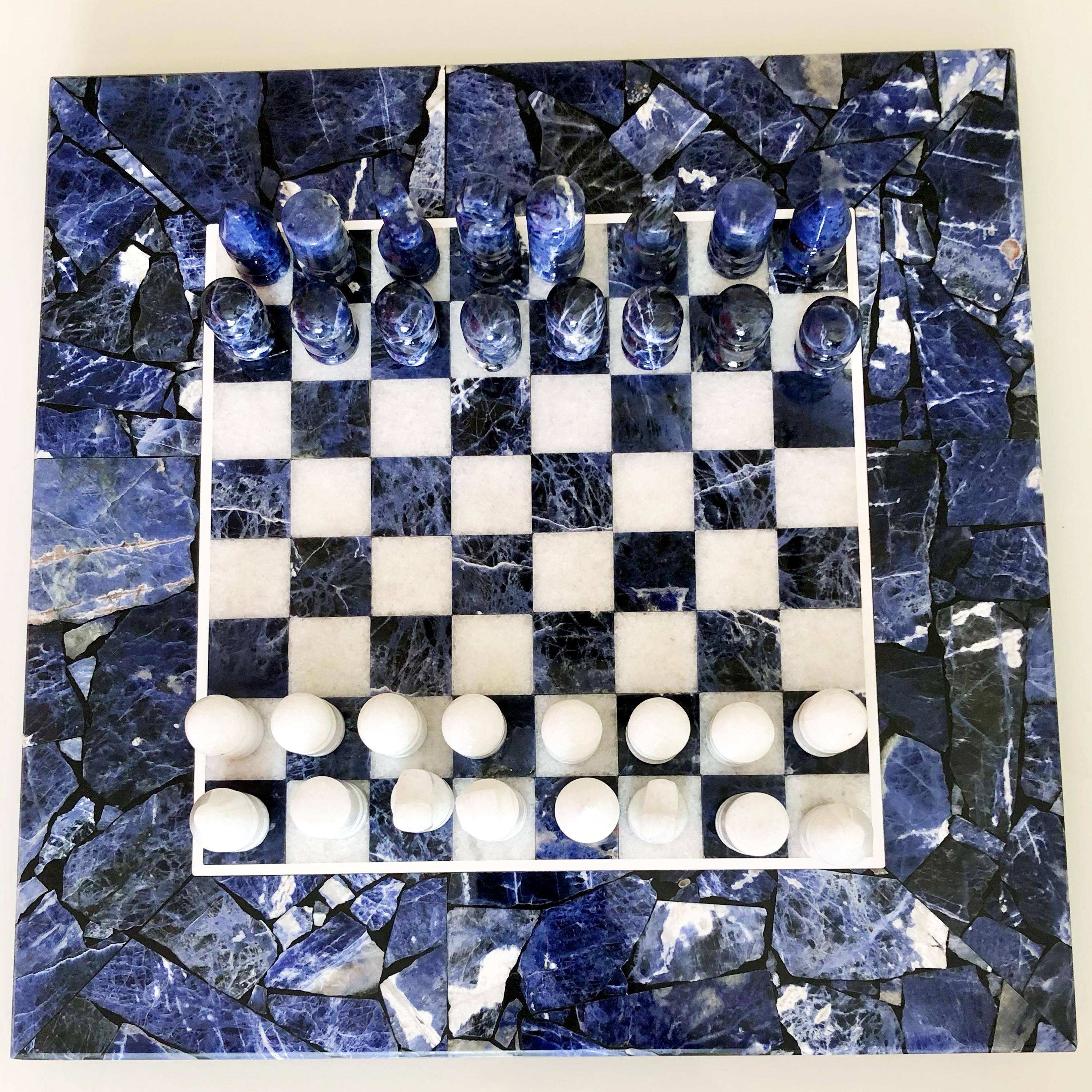 Midcentury Sodalite and Marble Chess Set Game Board and Pieces 1