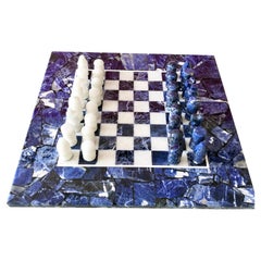 Midcentury Sodalite and Marble Chess Set Game Board and Pieces