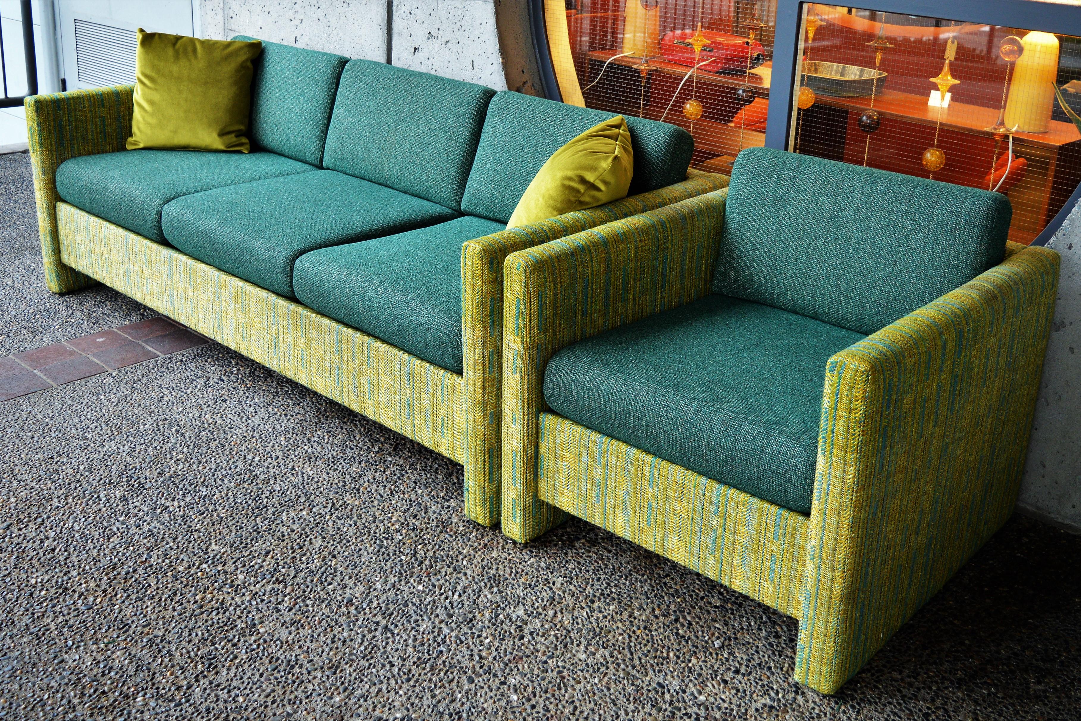 Midcentury Sofa and Club Chair in Teal Wool Cushions with Contrasting Print 3