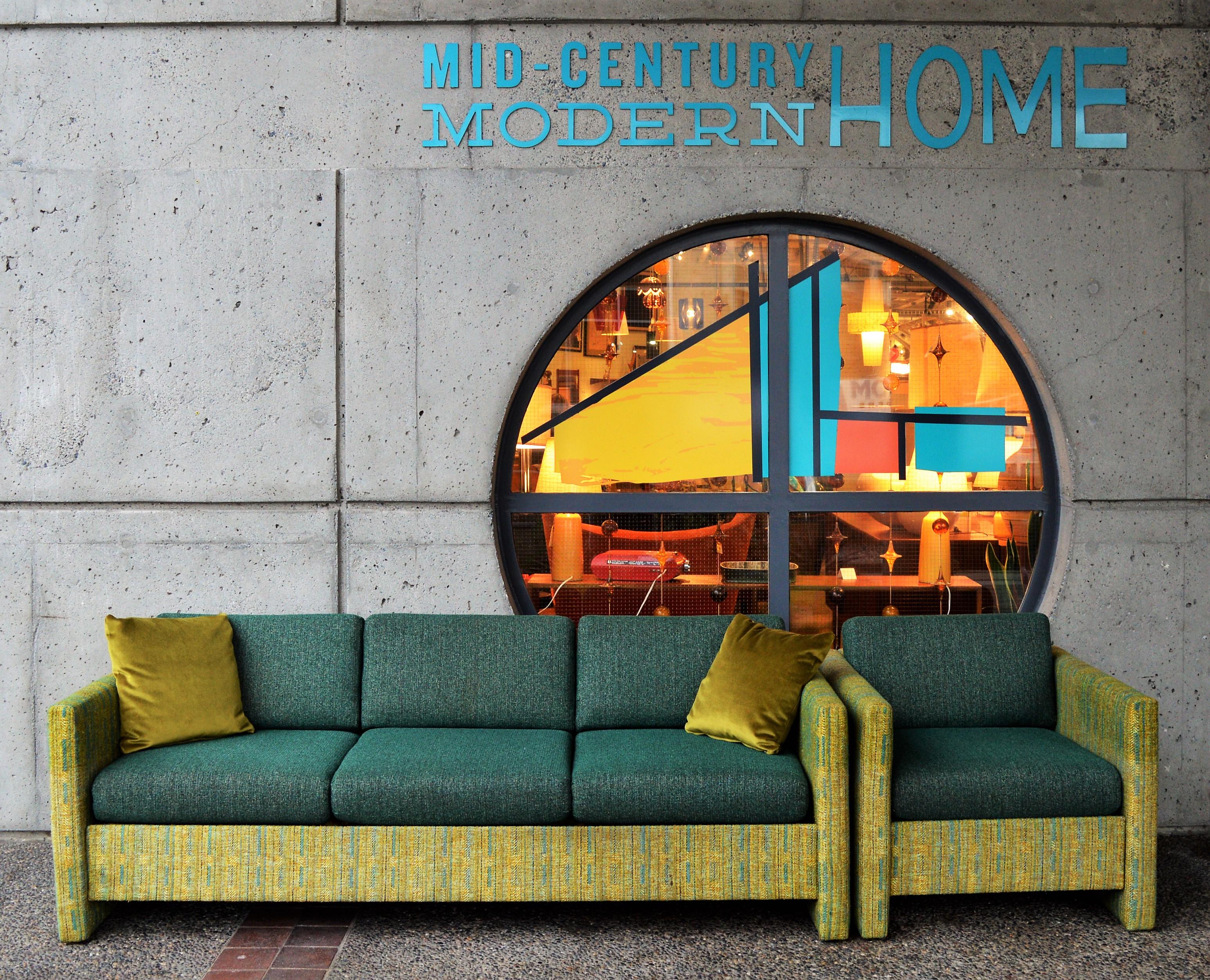 Midcentury Sofa and Club Chair in Teal Wool Cushions with Contrasting Print 4