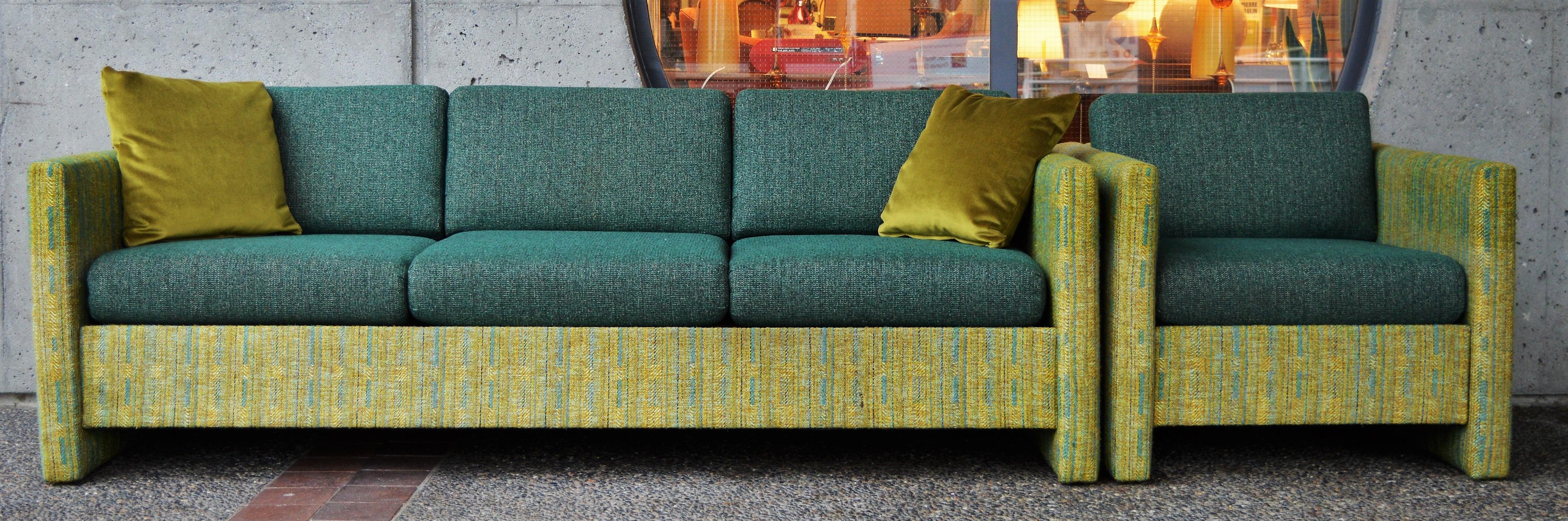 Midcentury Sofa and Club Chair in Teal Wool Cushions with Contrasting Print 5