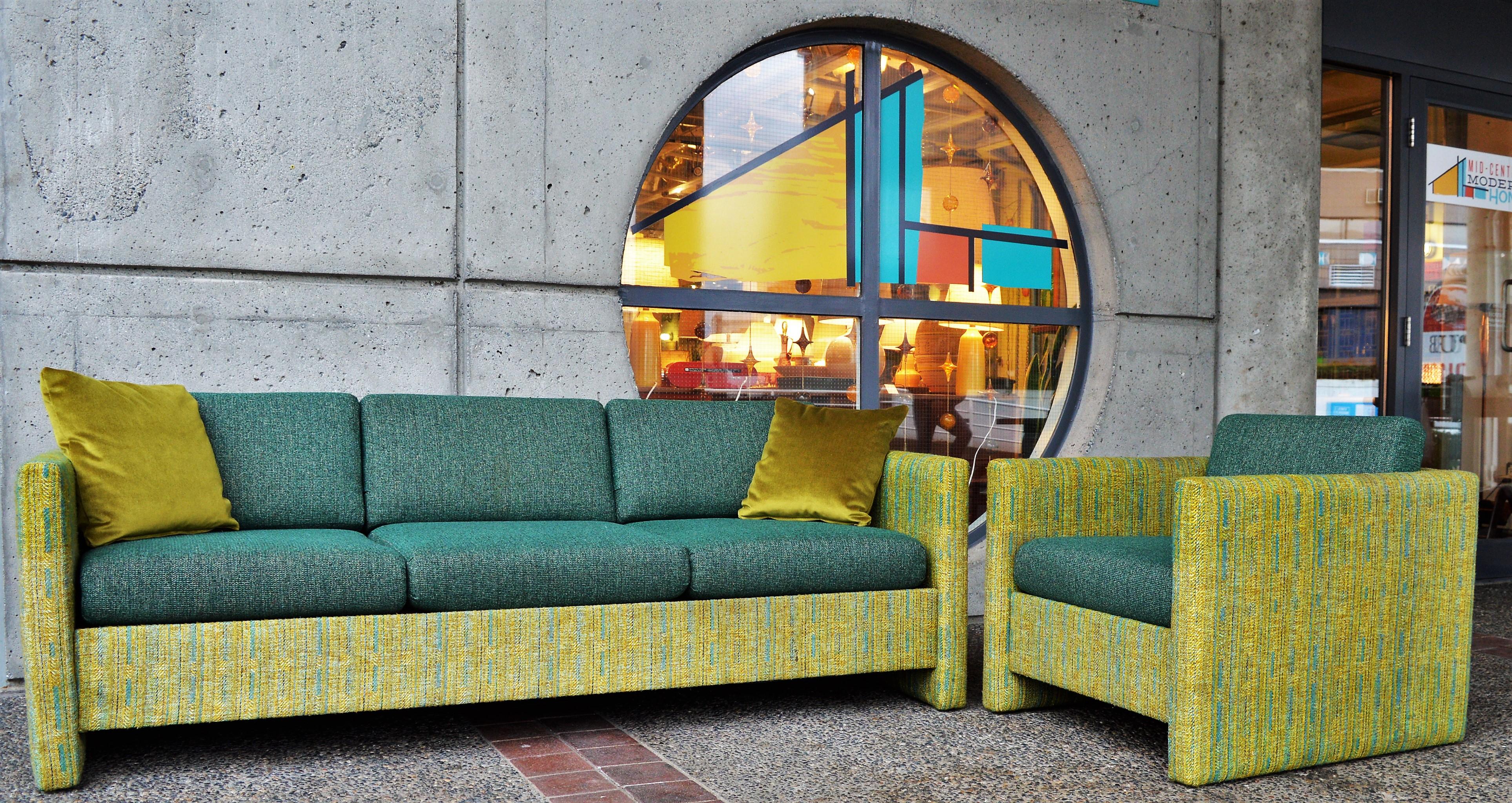 Mid-Century Modern Midcentury Sofa and Club Chair in Teal Wool Cushions with Contrasting Print