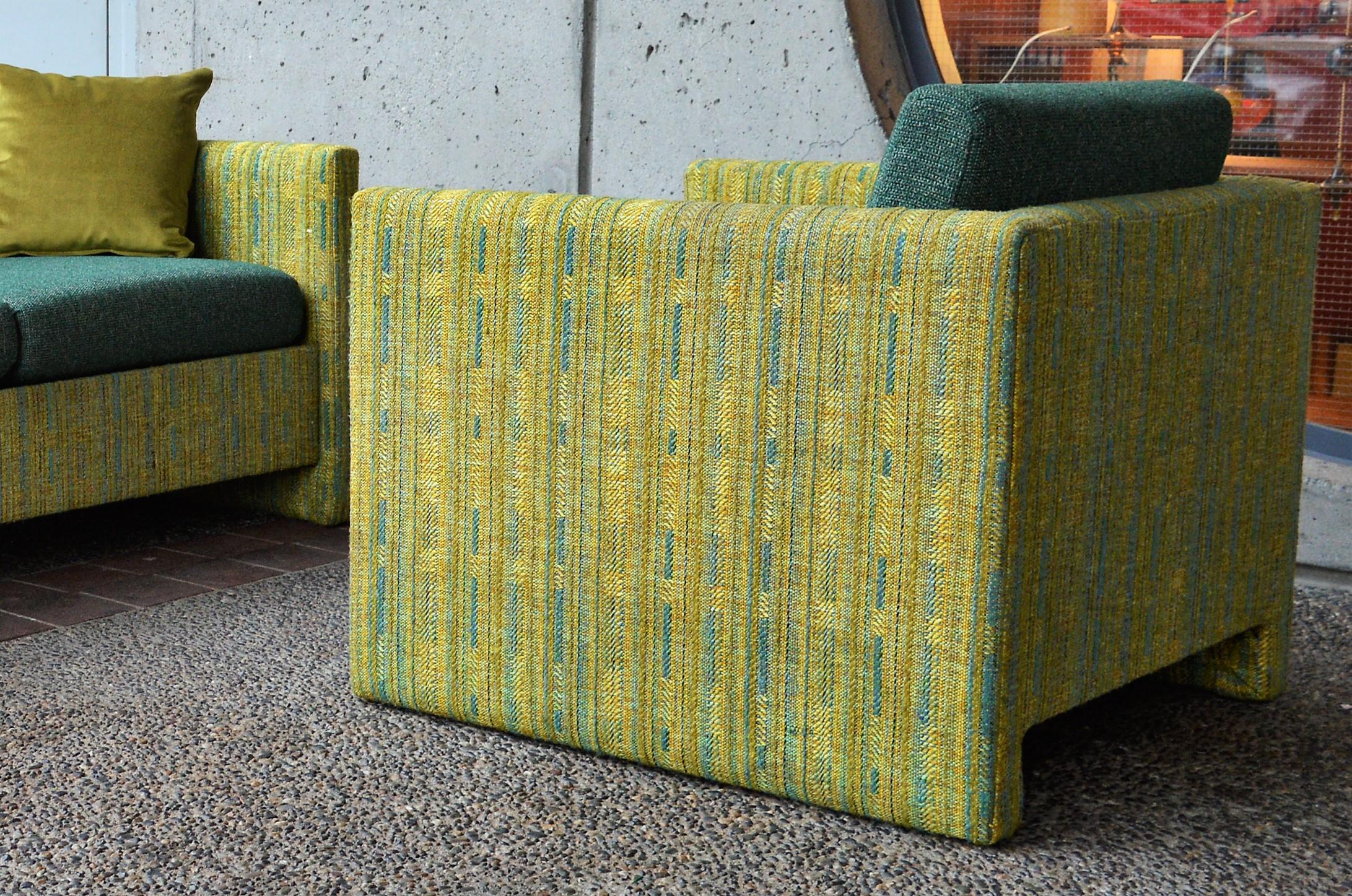 American Midcentury Sofa and Club Chair in Teal Wool Cushions with Contrasting Print