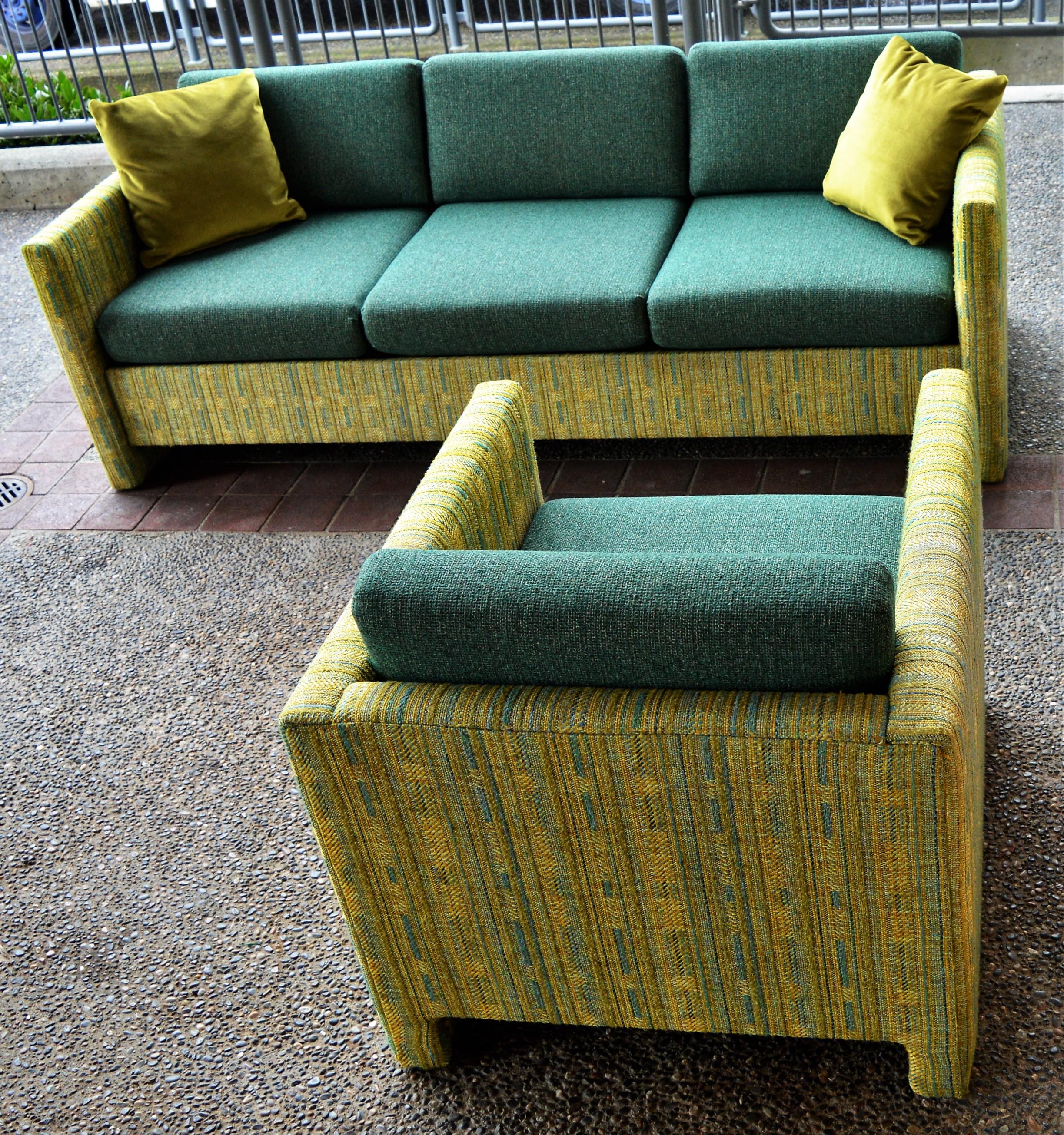 Fabric Midcentury Sofa and Club Chair in Teal Wool Cushions with Contrasting Print