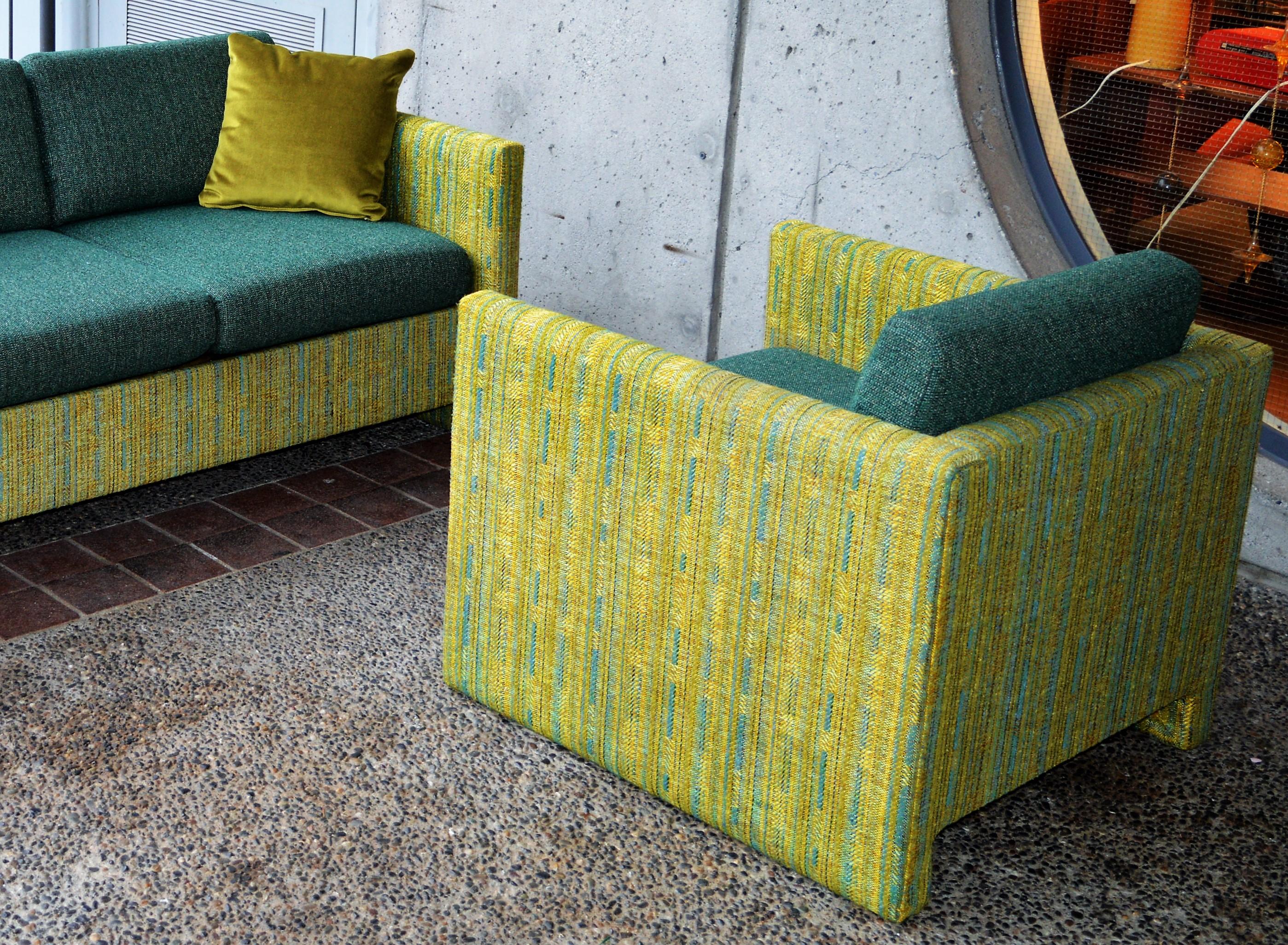 Midcentury Sofa and Club Chair in Teal Wool Cushions with Contrasting Print 2